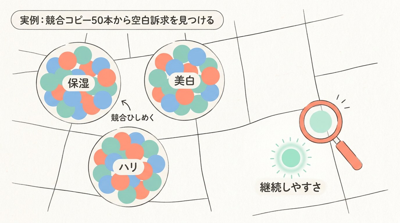 実例:化粧品ブランドの競合コピー50本から空白訴求を見つける