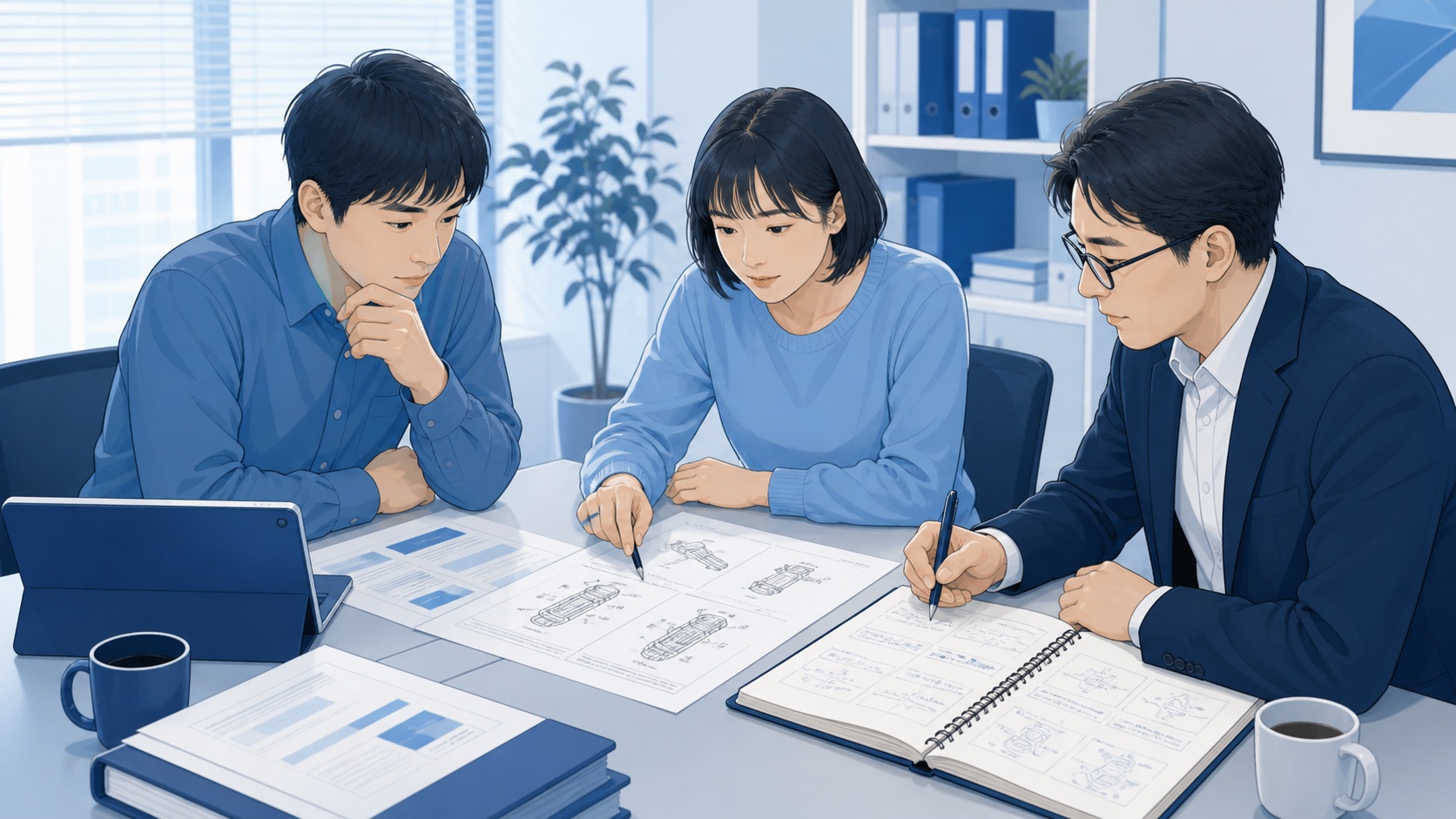 出願前の先行技術調査で特許文献を読みながら再検索する流れを示す図