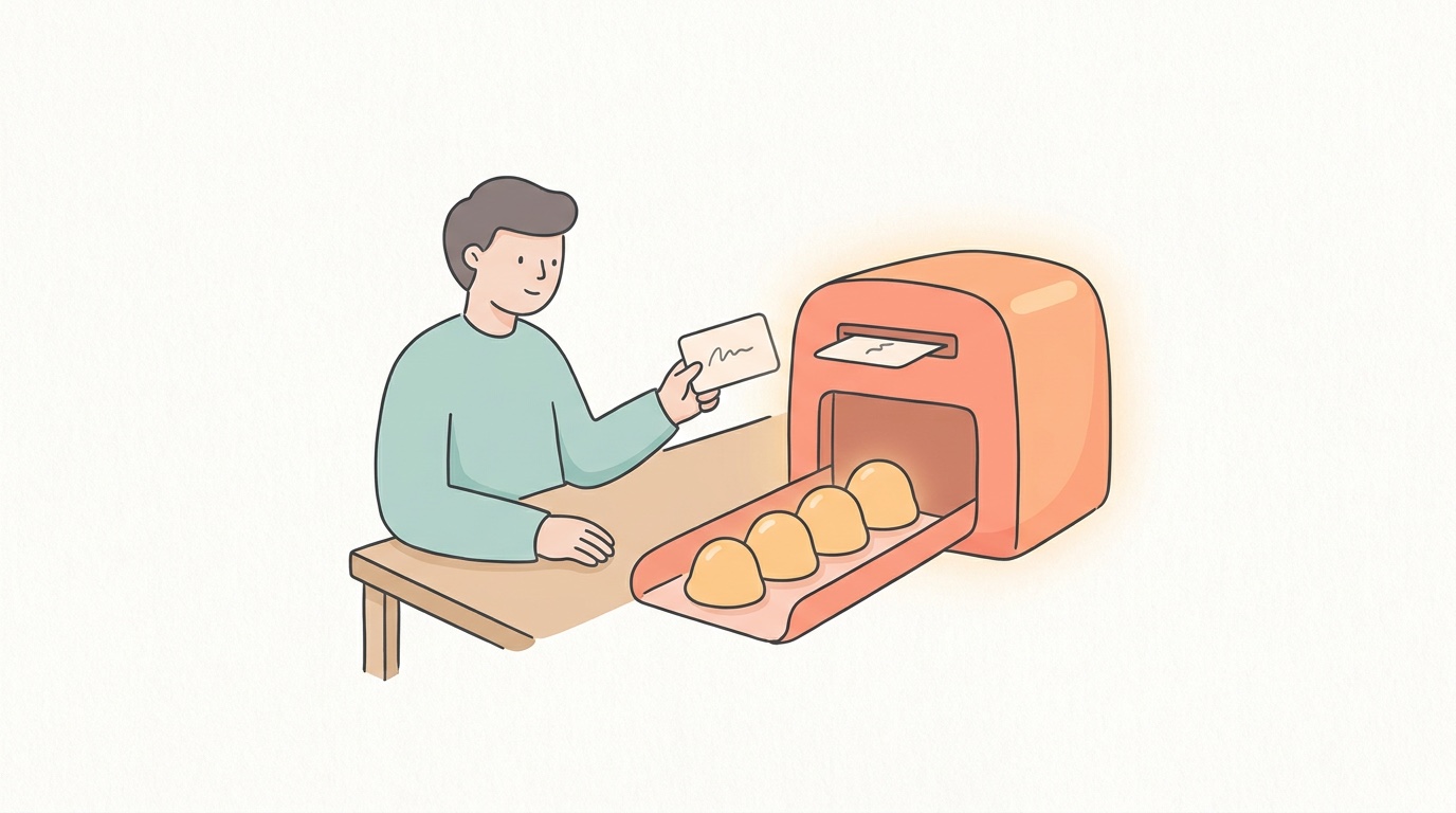 指示カードを渡すと同じ形の出力が並ぶことを示す図解