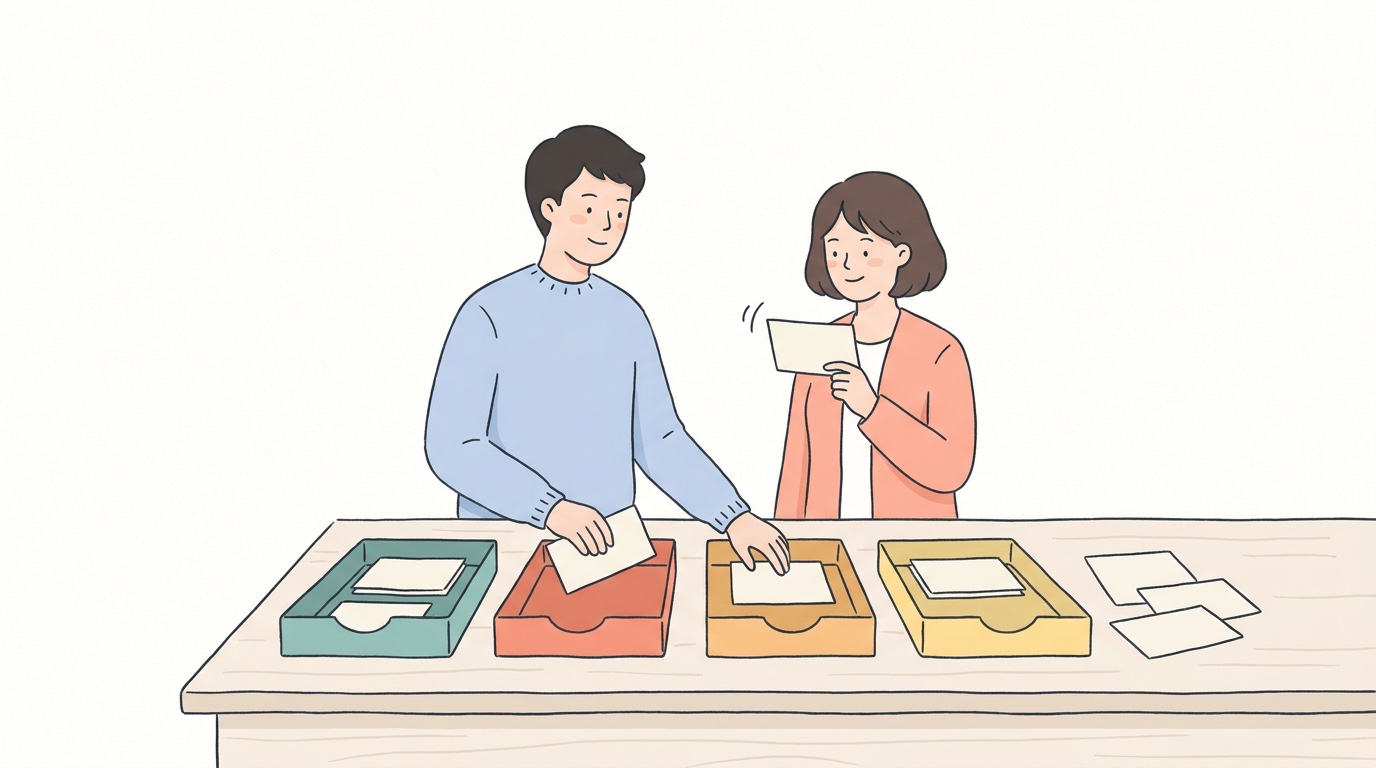 指示を種類ごとのトレイに仕分けて同僚が確認する図解