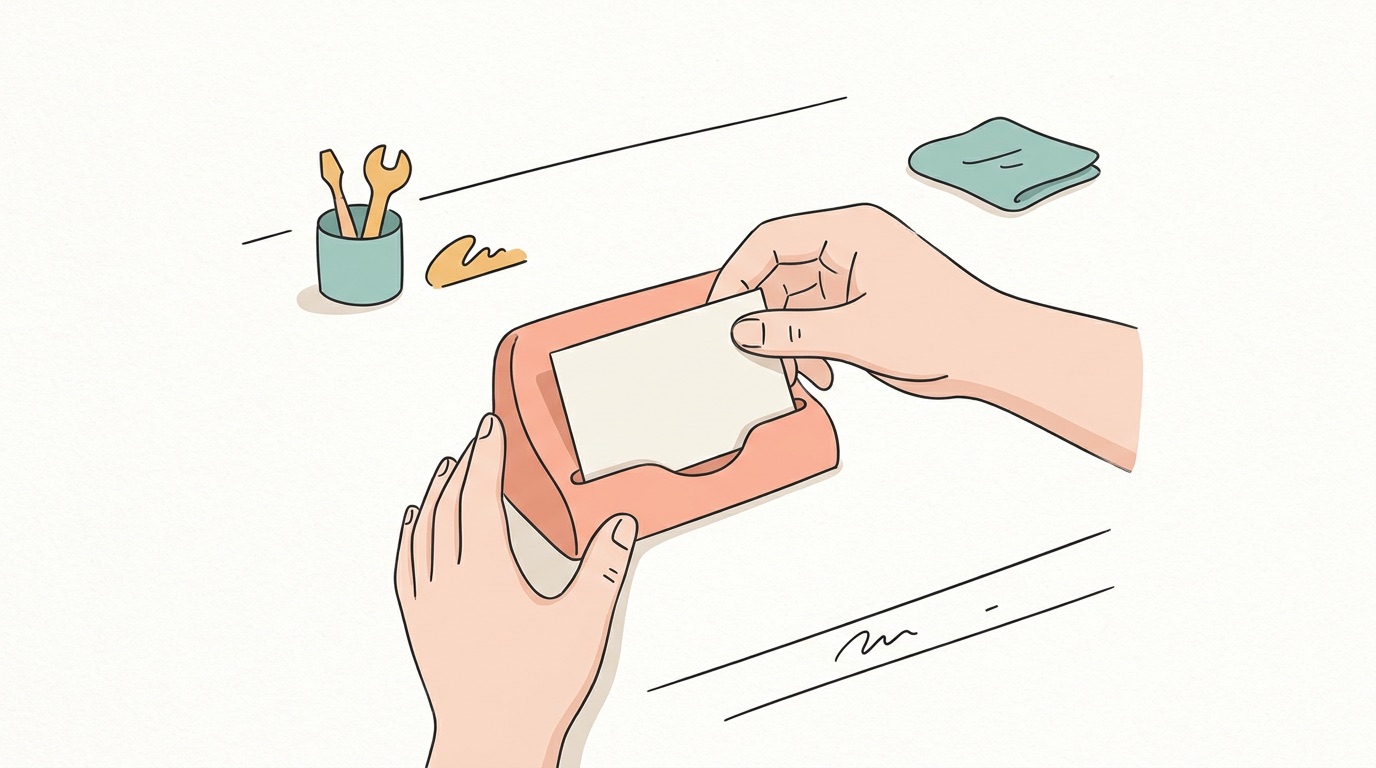 小さなカードを受け皿の形にはまるよう差し込んでいる図解