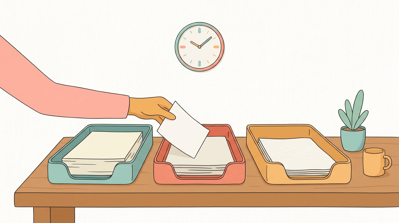 書類を3つのトレイに仕分けて時計を見る様子の図解