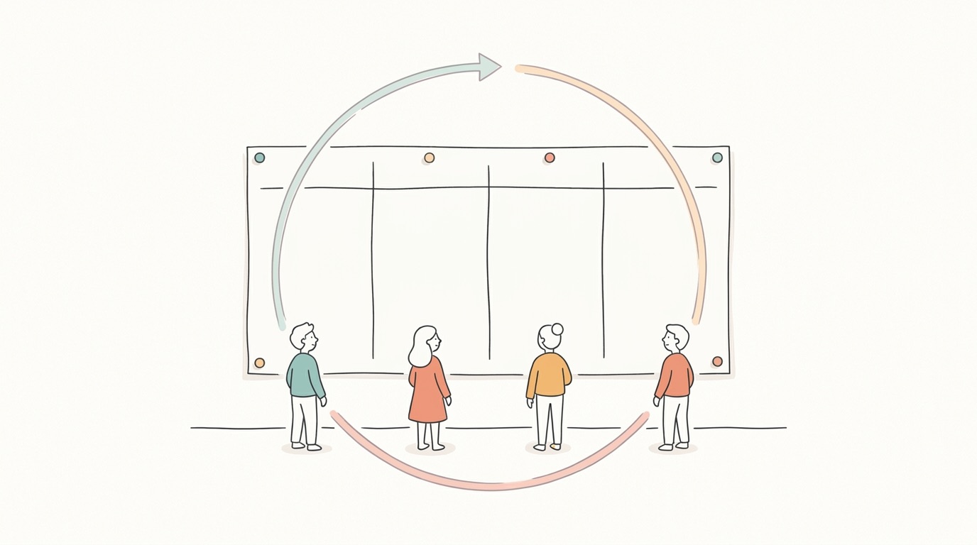 4つの列に分かれた1枚の表を4人が見ている図解