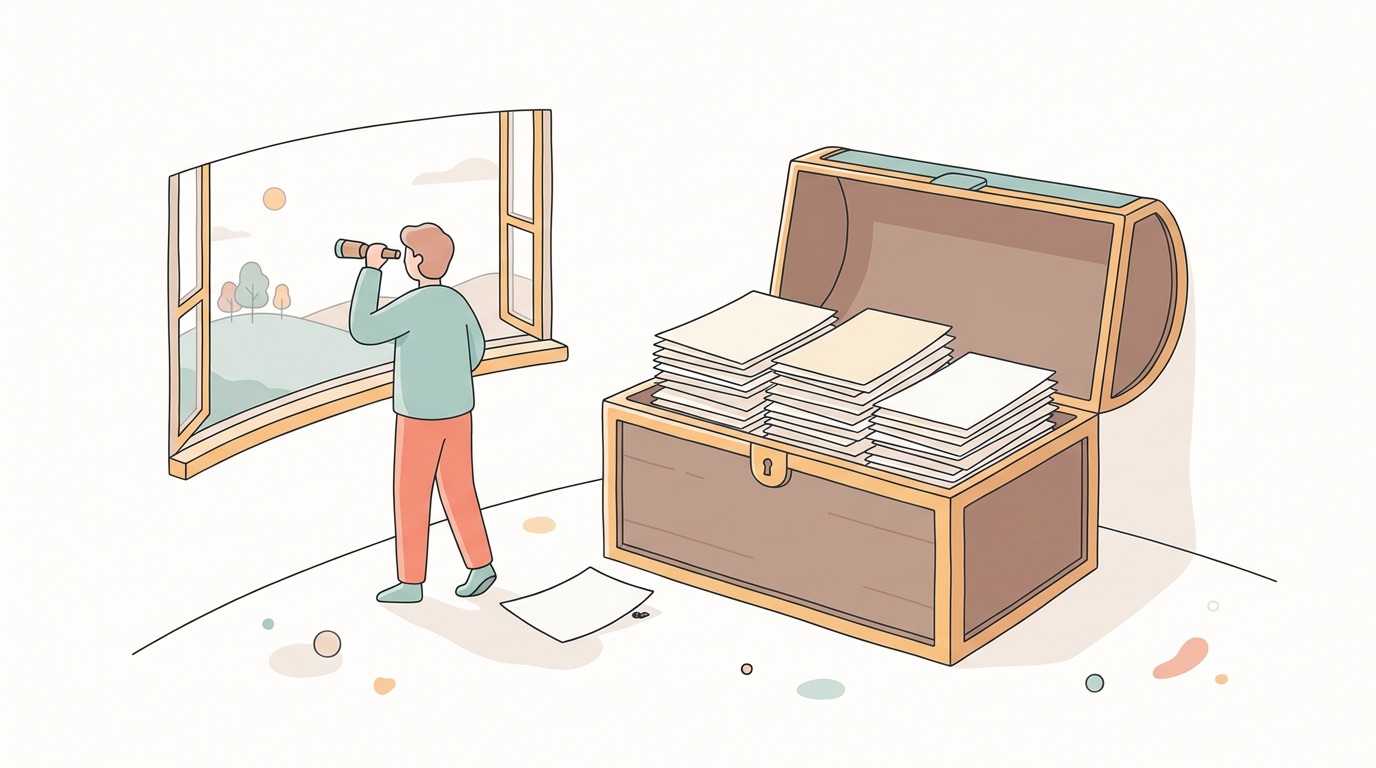 窓の外を遠望する人の背後に、手つかずの資料が詰まった箱がある様子の図解