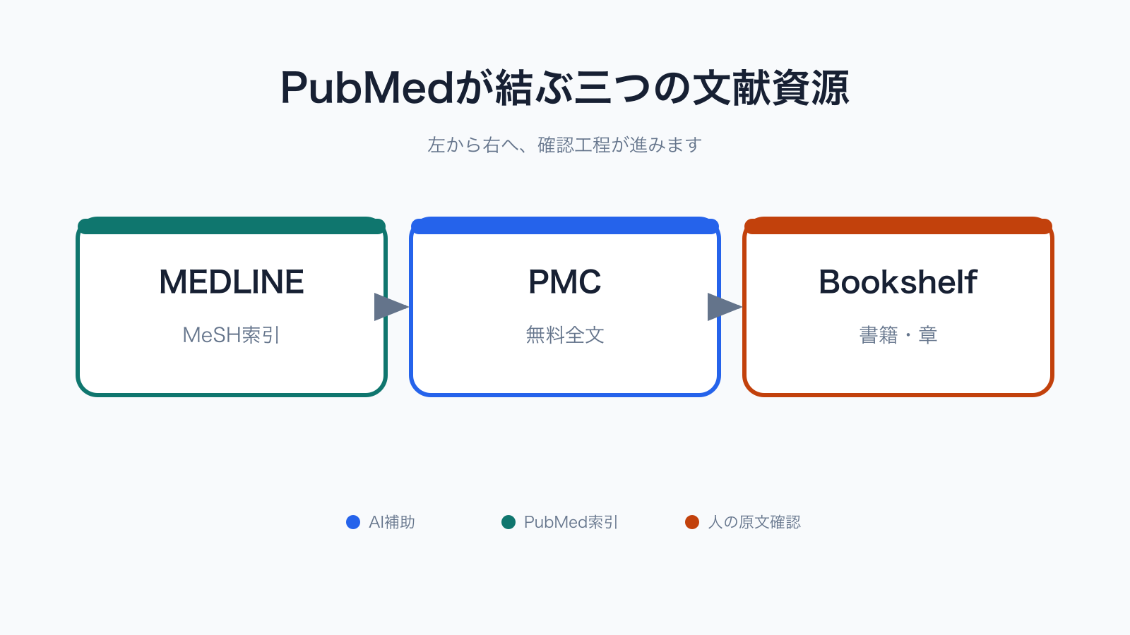 PubMedはMEDLINEの引用を中心にPMCの全文やBookshelfの書籍情報へ案内する