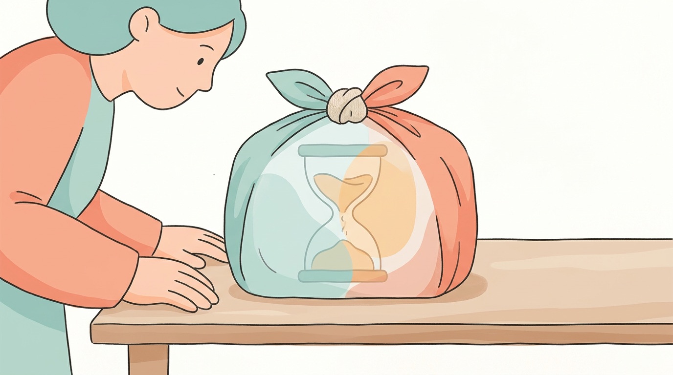 布に包まれた荷物の中に砂時計が透けて見える図解