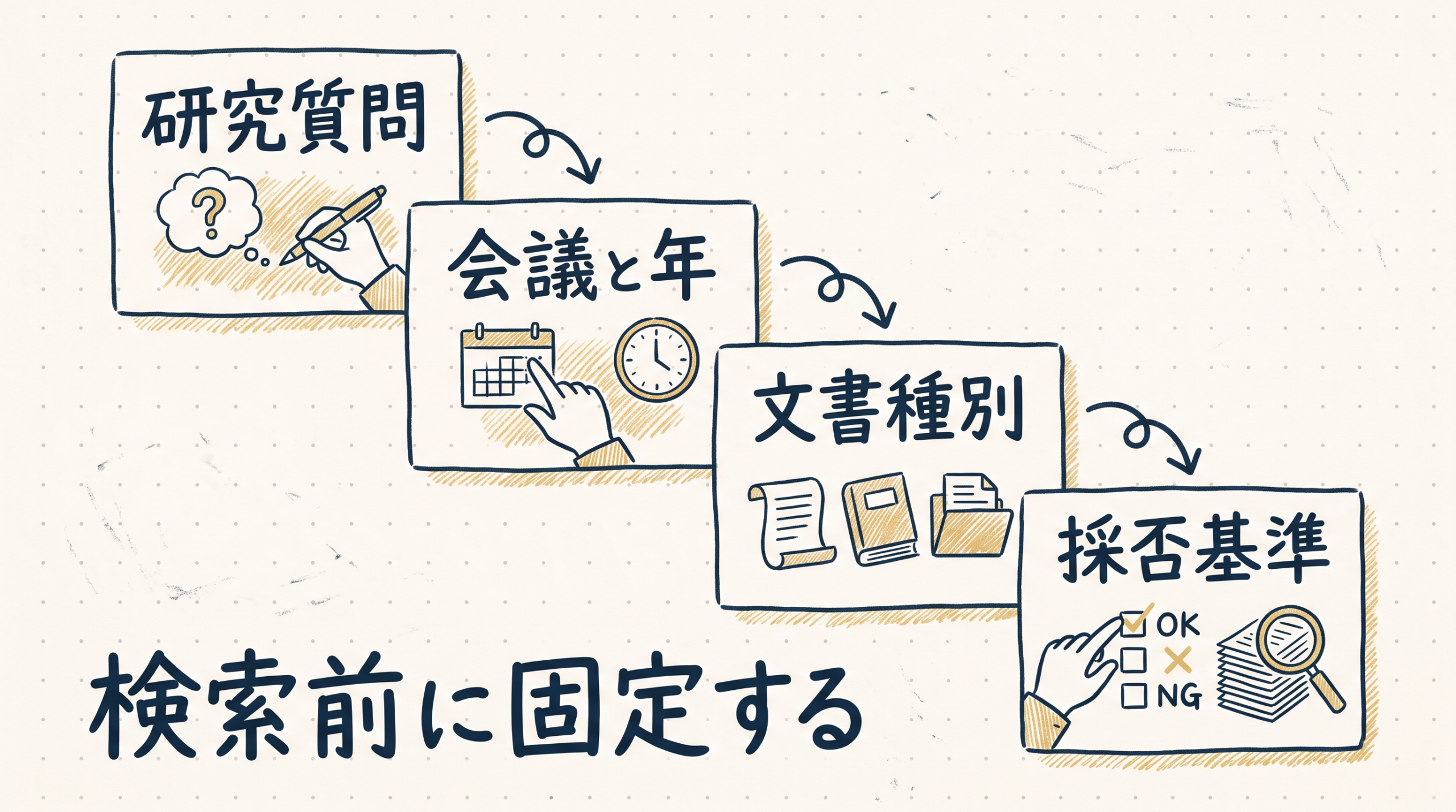 研究質問、会議と年、文書種別、採否基準を検索前に固定する四段の図