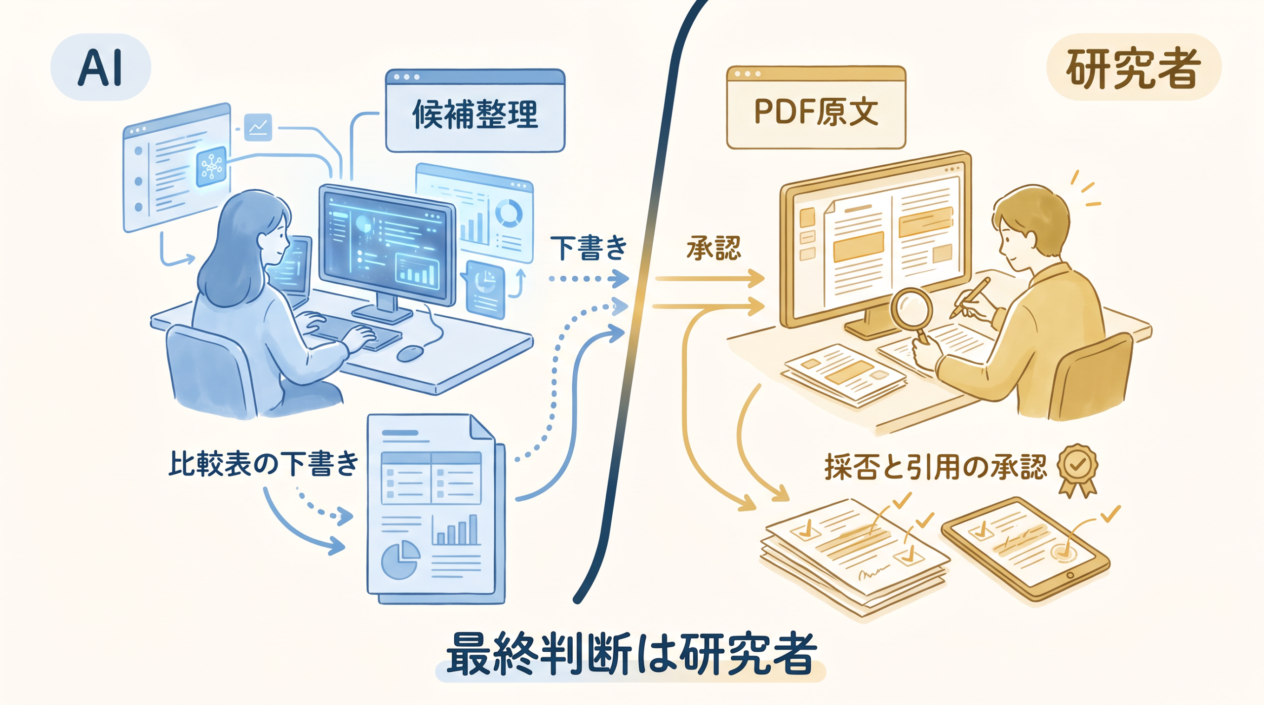 AIは候補整理と比較表の下書き、研究者はPDF原文と採否・引用を承認する図