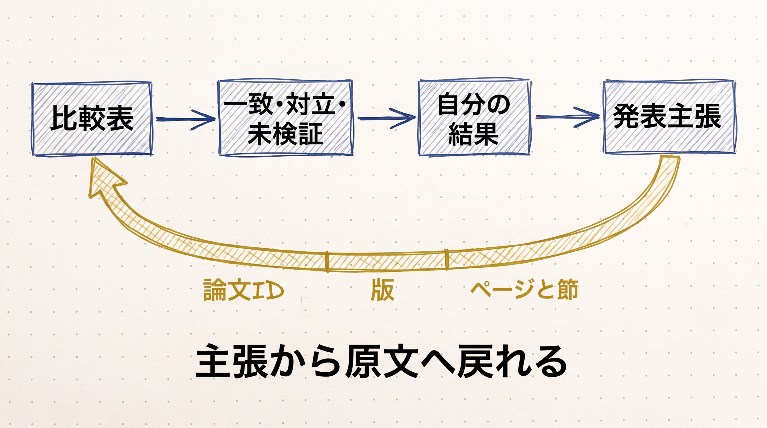 比較表から発表主張を作り、論文ID、版、ページと節へ戻る経路を示す図