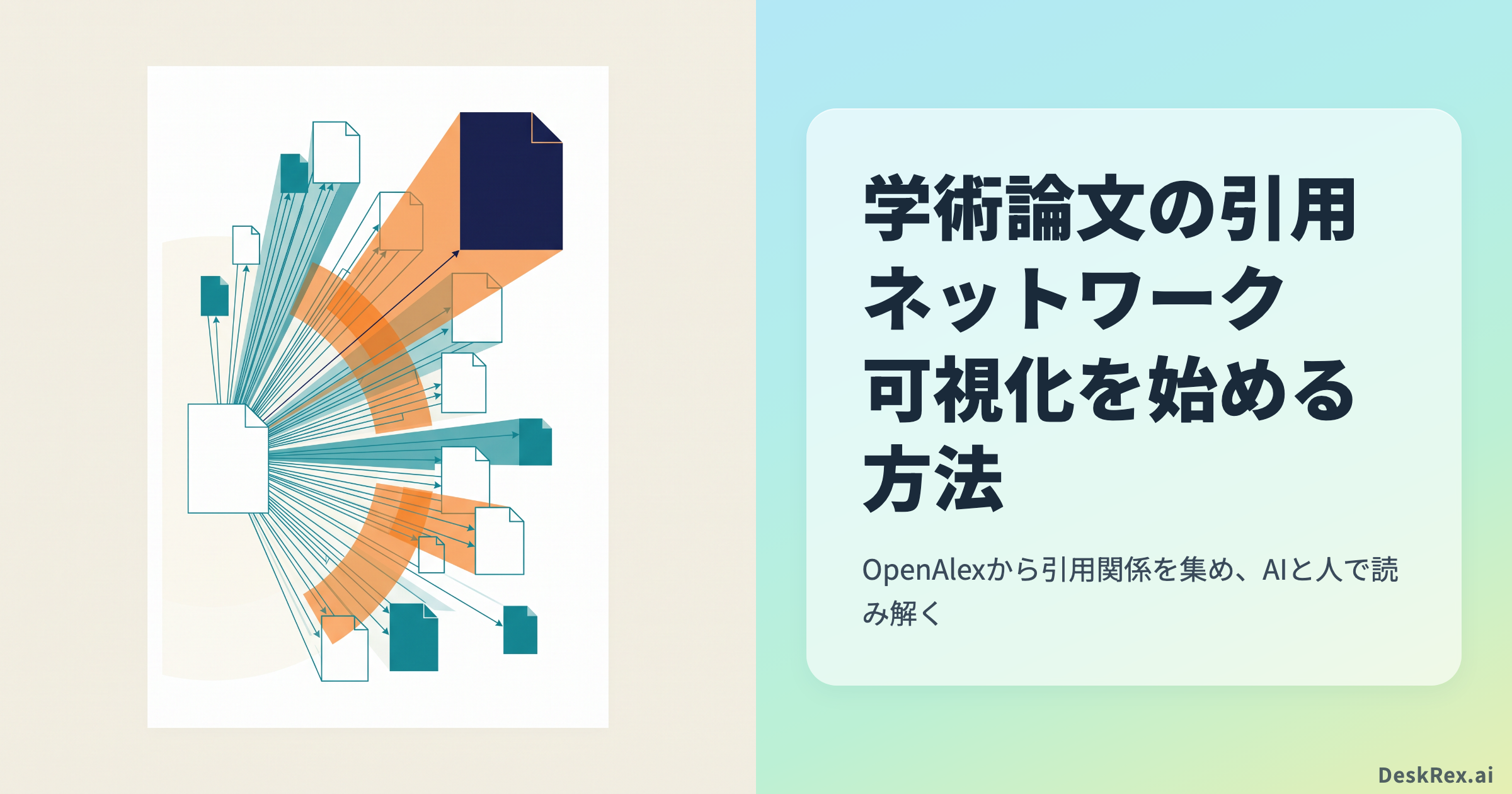 一枚の起点論文から多数の引用線が広がる図
