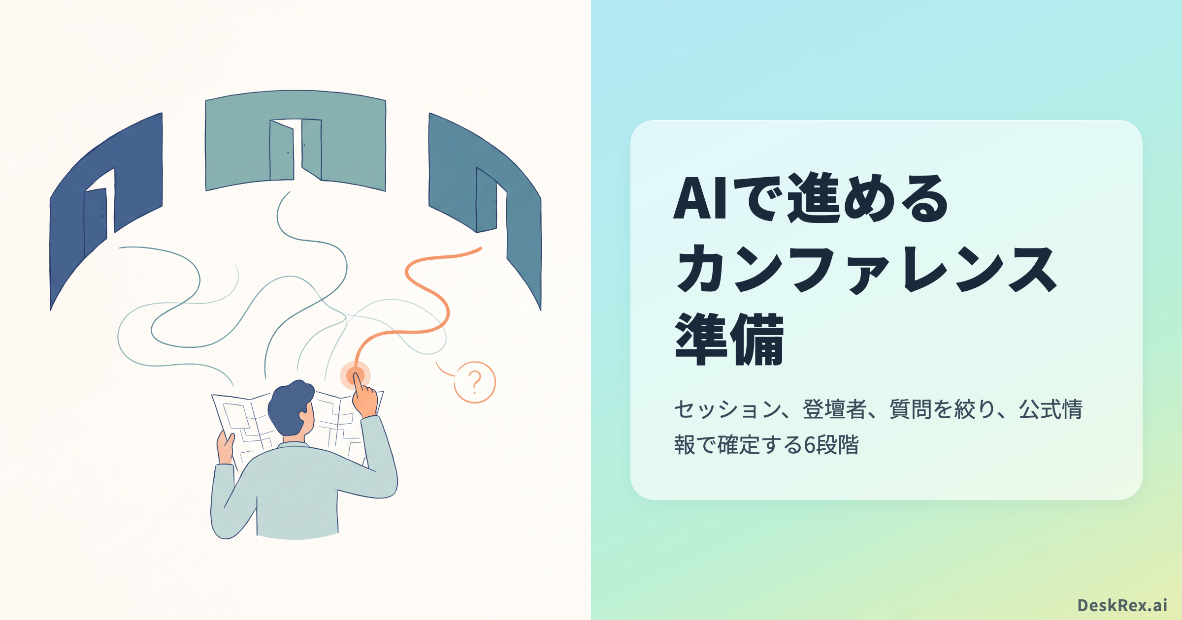 複数のセッション入口から経路を選び、地図を見ながら予定を決める参加者の図