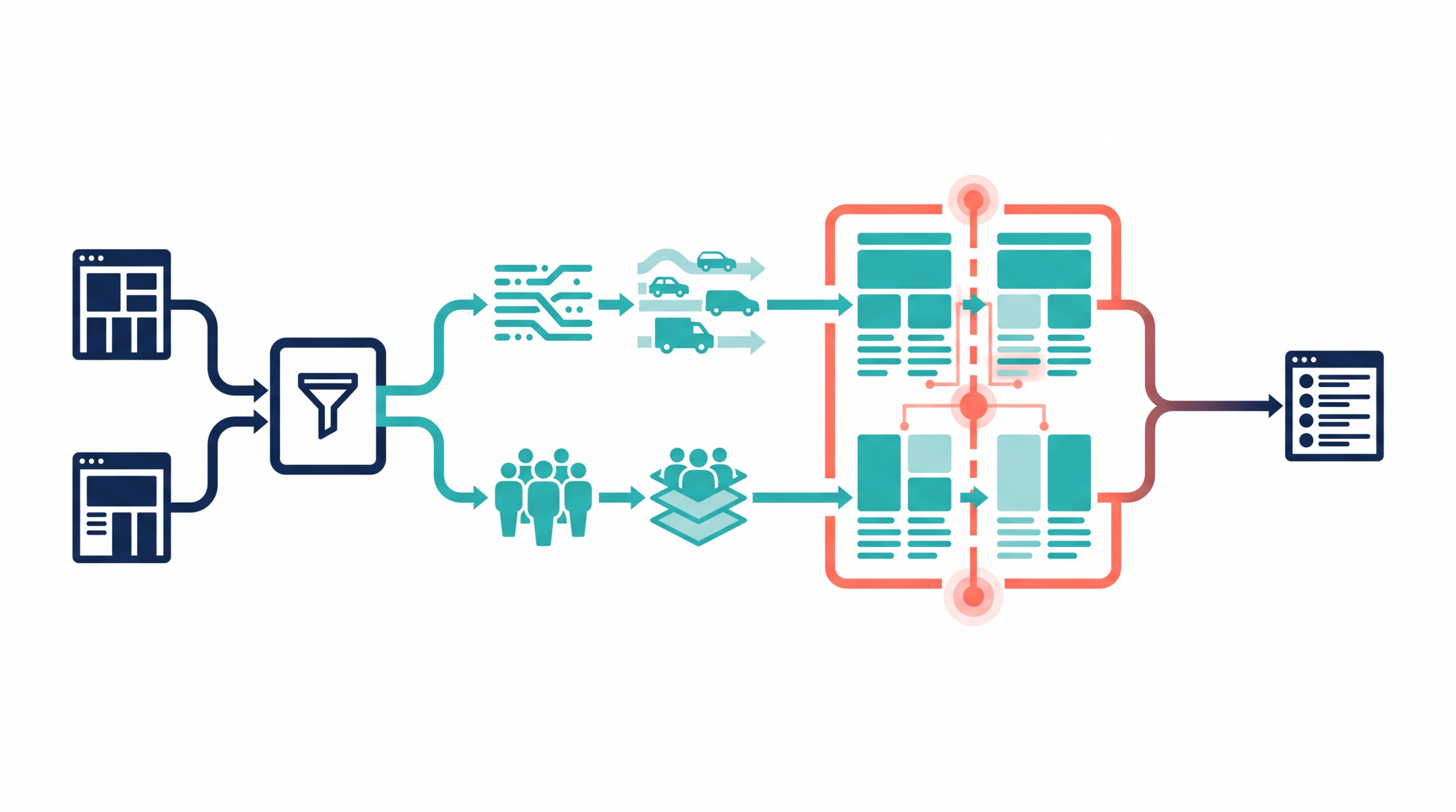 Similarweb｜トラフィックとオーディエンスを同じ条件で比べるについて、確定情報、AIの候補、人が確認する境界を一つの焦点で示し、縮小表示でも構造を判別できる。