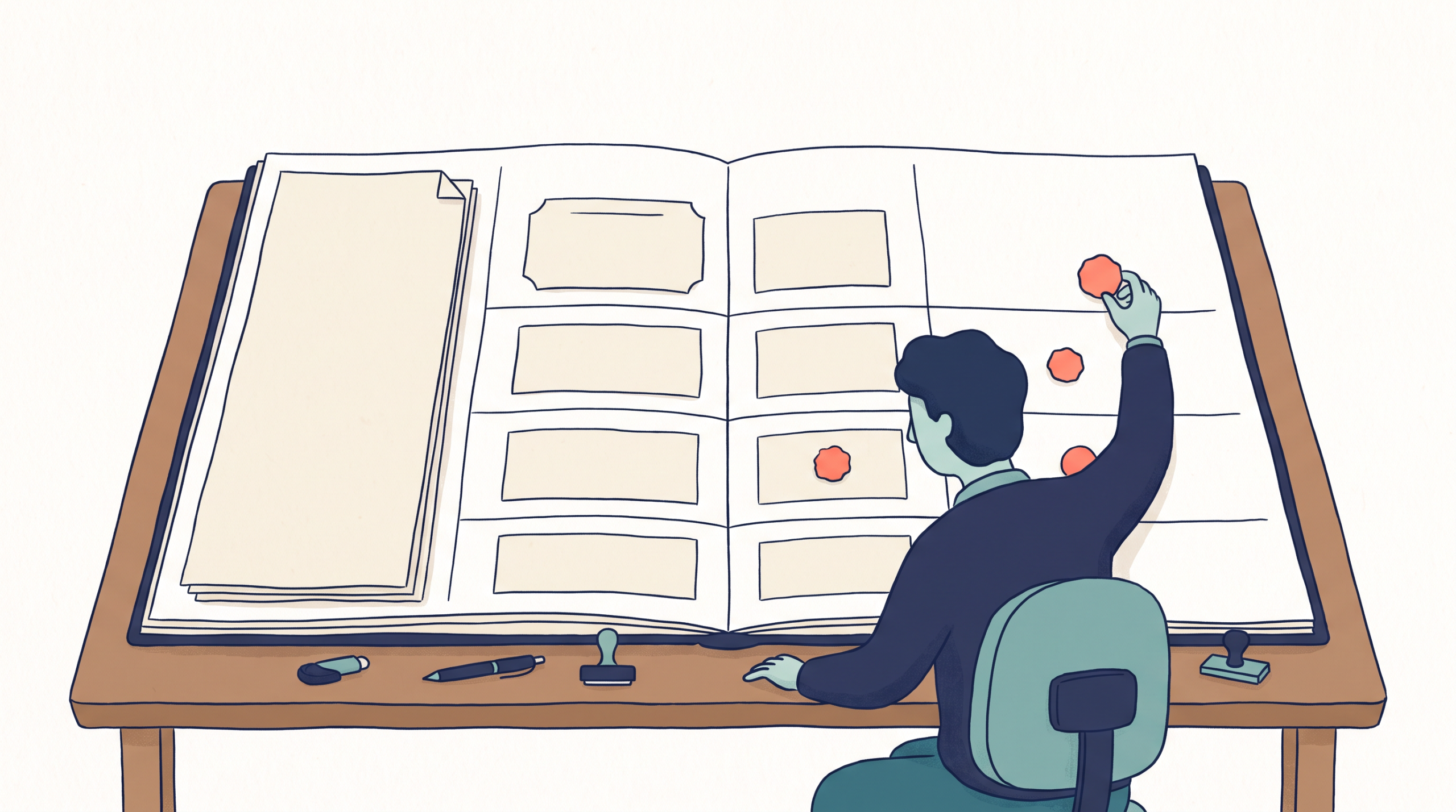導入後の確認または継続的な記録を人の作業として描き、実務上の締めを視覚化している。