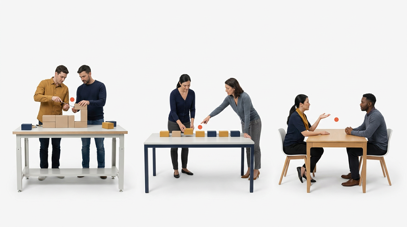 開発、顧客導入、採用の三場面を実物の作業台で分け、資金使途を文字や矢印なしで伝える。