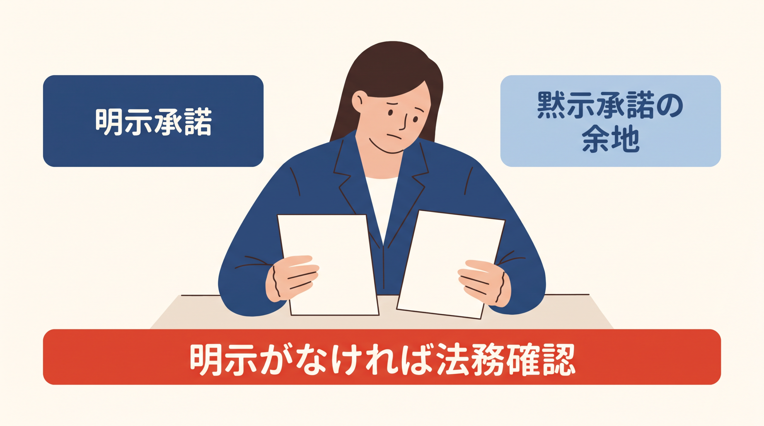 明示承諾を求める見解と黙示承諾の余地を論じる見解を並べた図