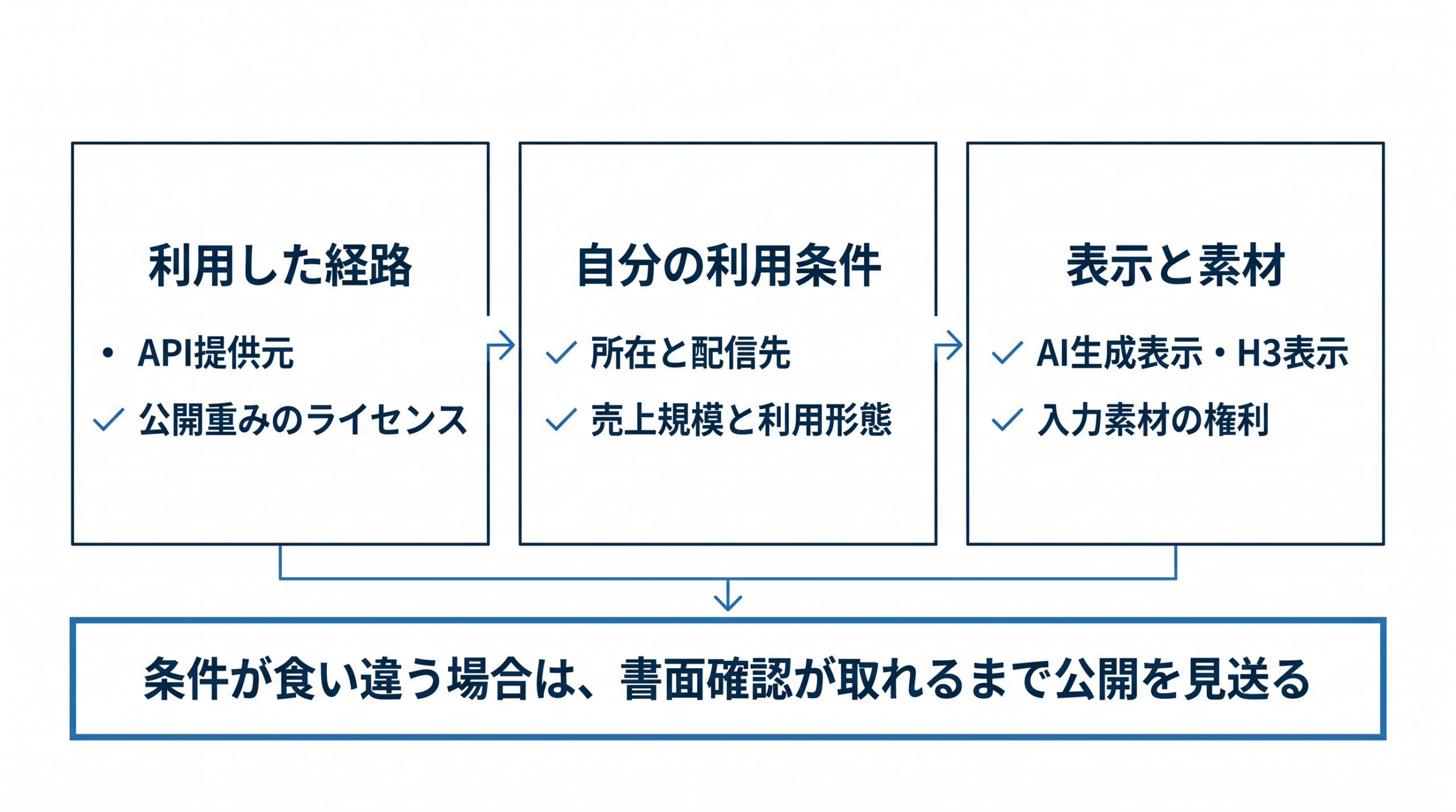 利用経路・ライセンス、地域・売上、素材の権利と表示を公開前に確認