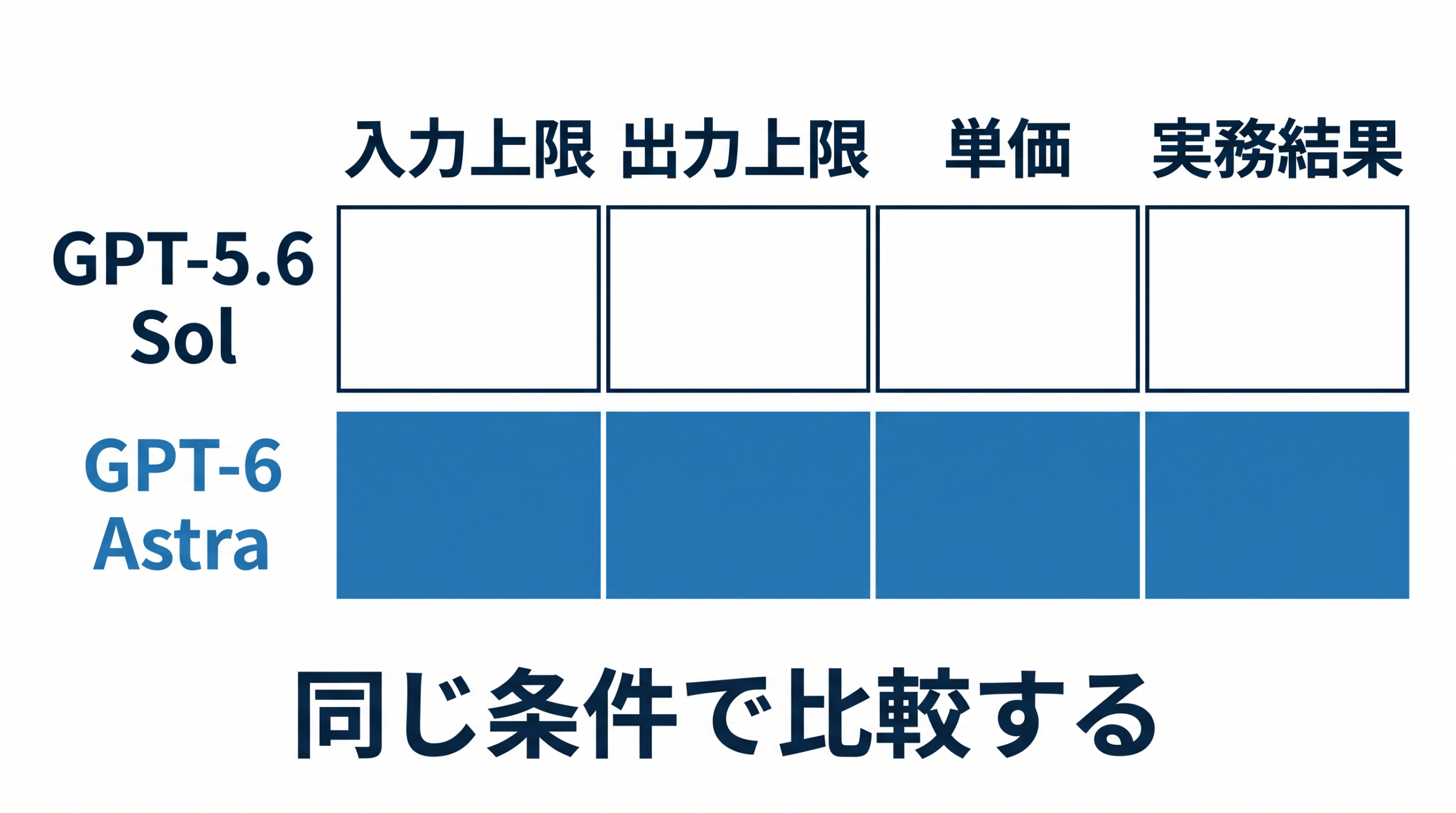 GPT-5.6 SolとGPT-6 Astraを入力上限、出力上限、単価、実務結果で比較する図