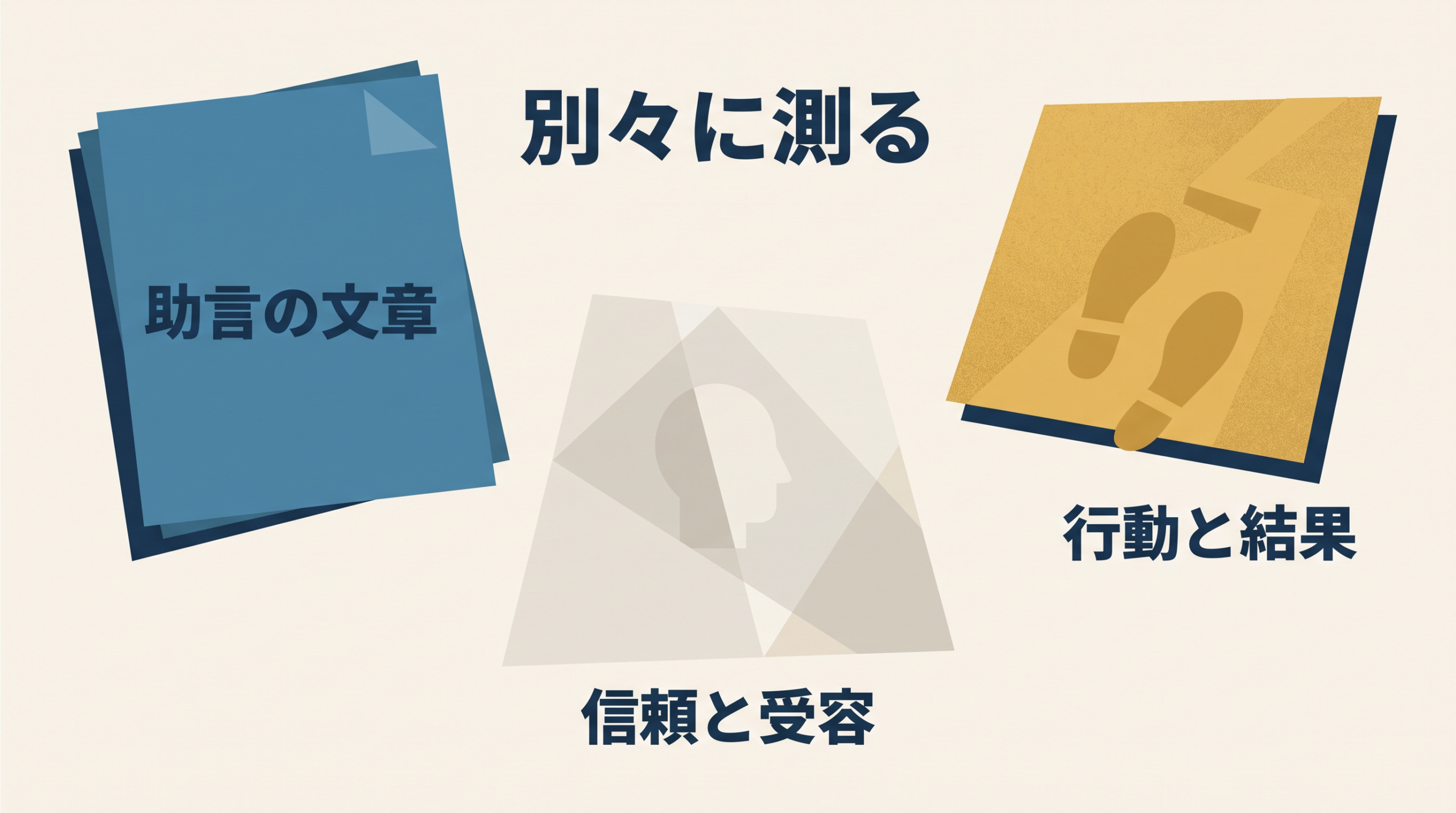 助言の文章、信頼と受容、行動と結果を別々に測る図
