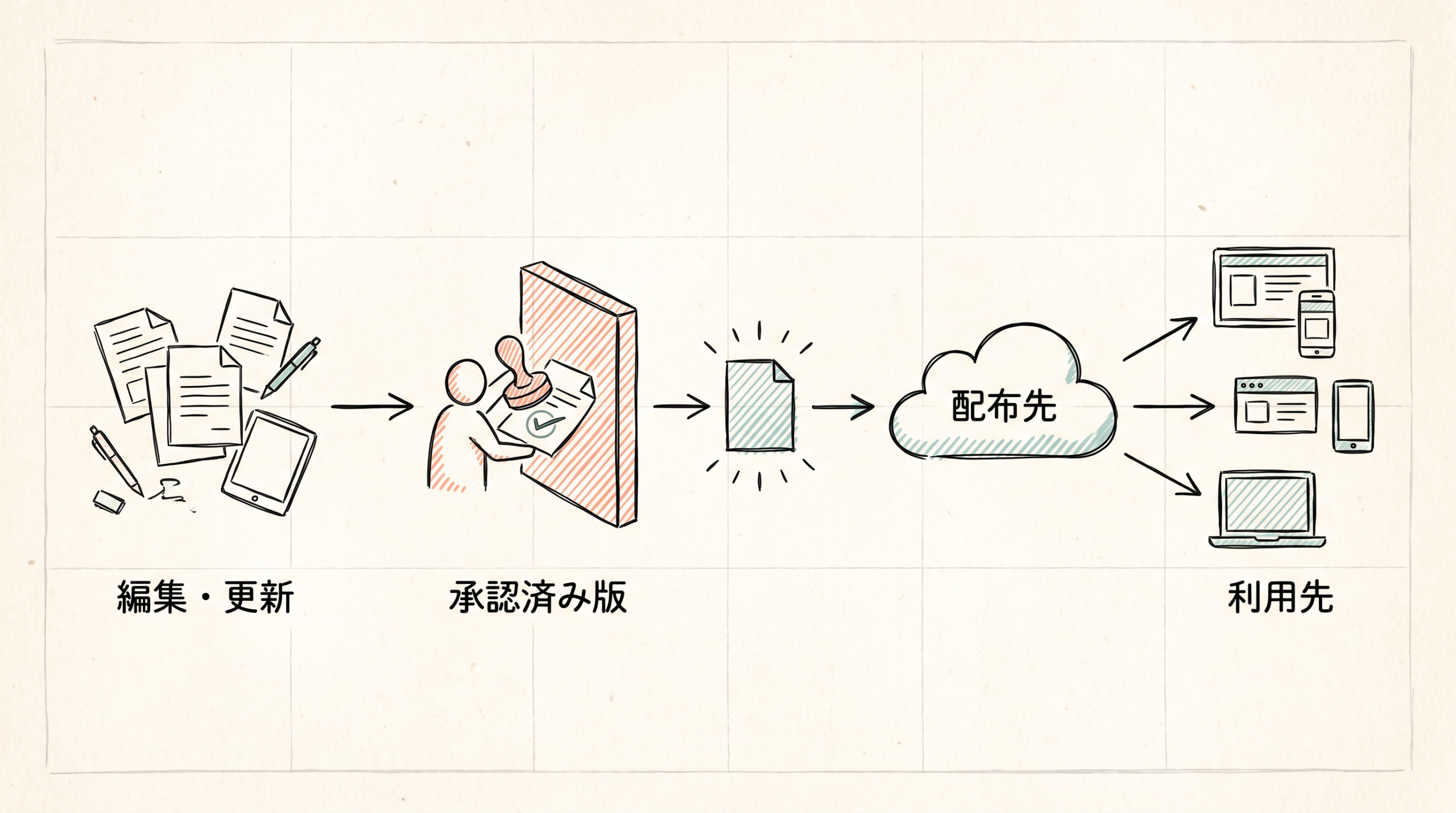 編集・更新、承認済み版、配布先、利用先の四段階を示す図