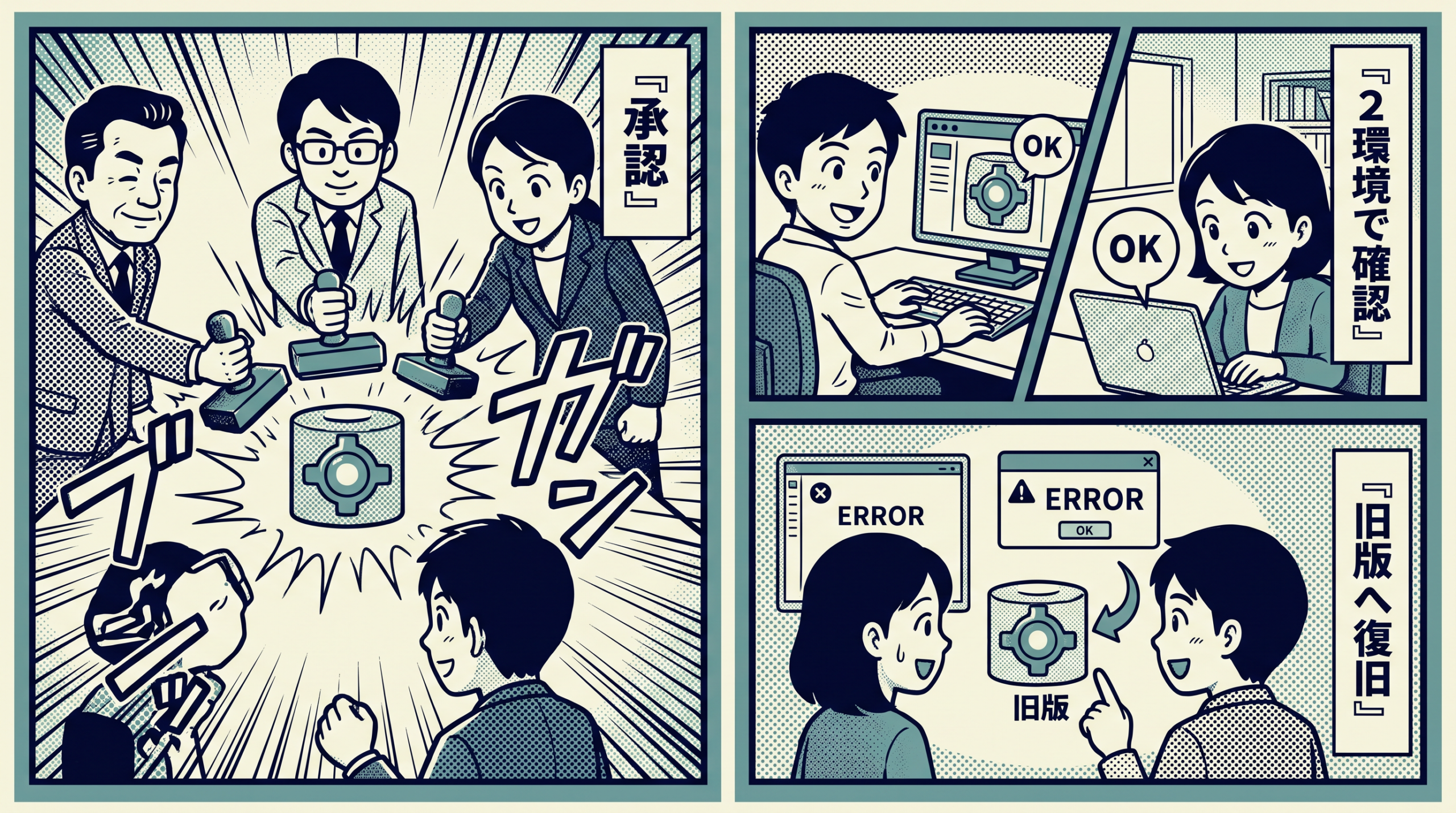 承認、異なる2環境での確認、旧版復旧を試す教育漫画