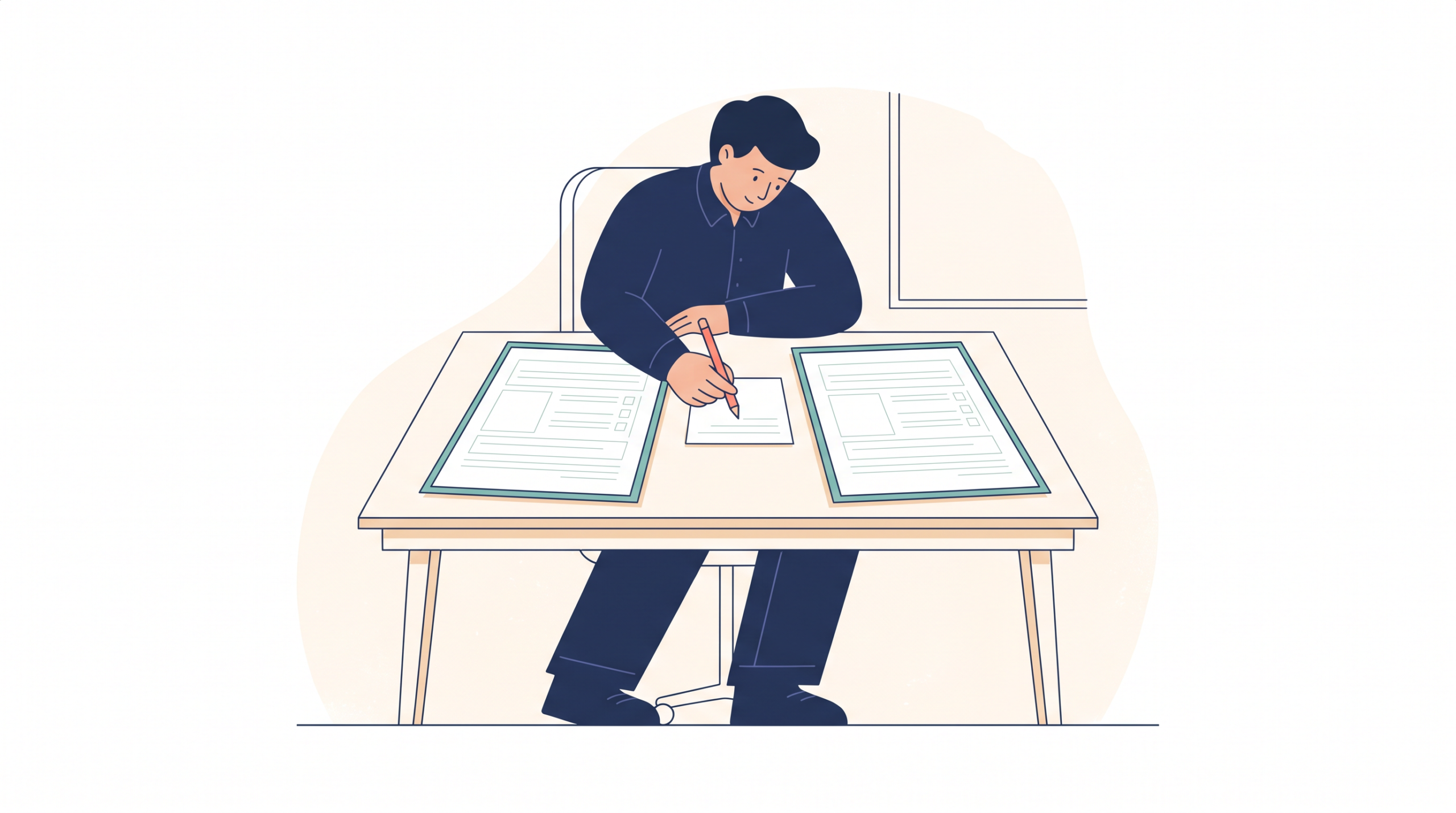 二枚の試行記録票を比較する担当者