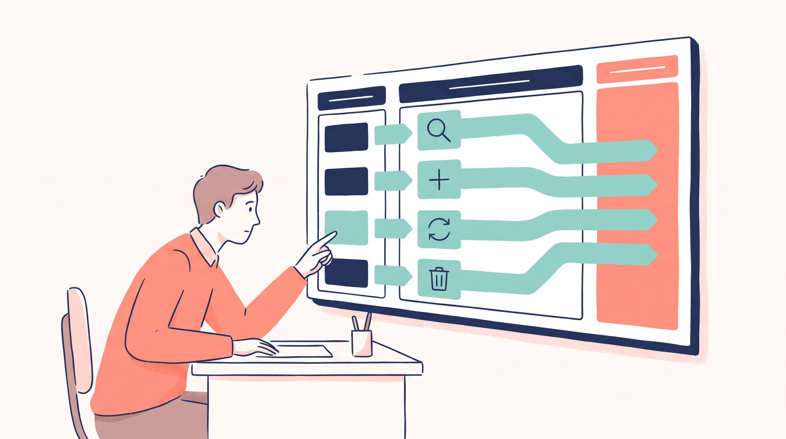 Read・Create・Update・Deleteを分けて申請するについて、確定情報、AIの候補、人が確認する境界を一つの焦点で示し、縮小表示でも構造を判別できる。