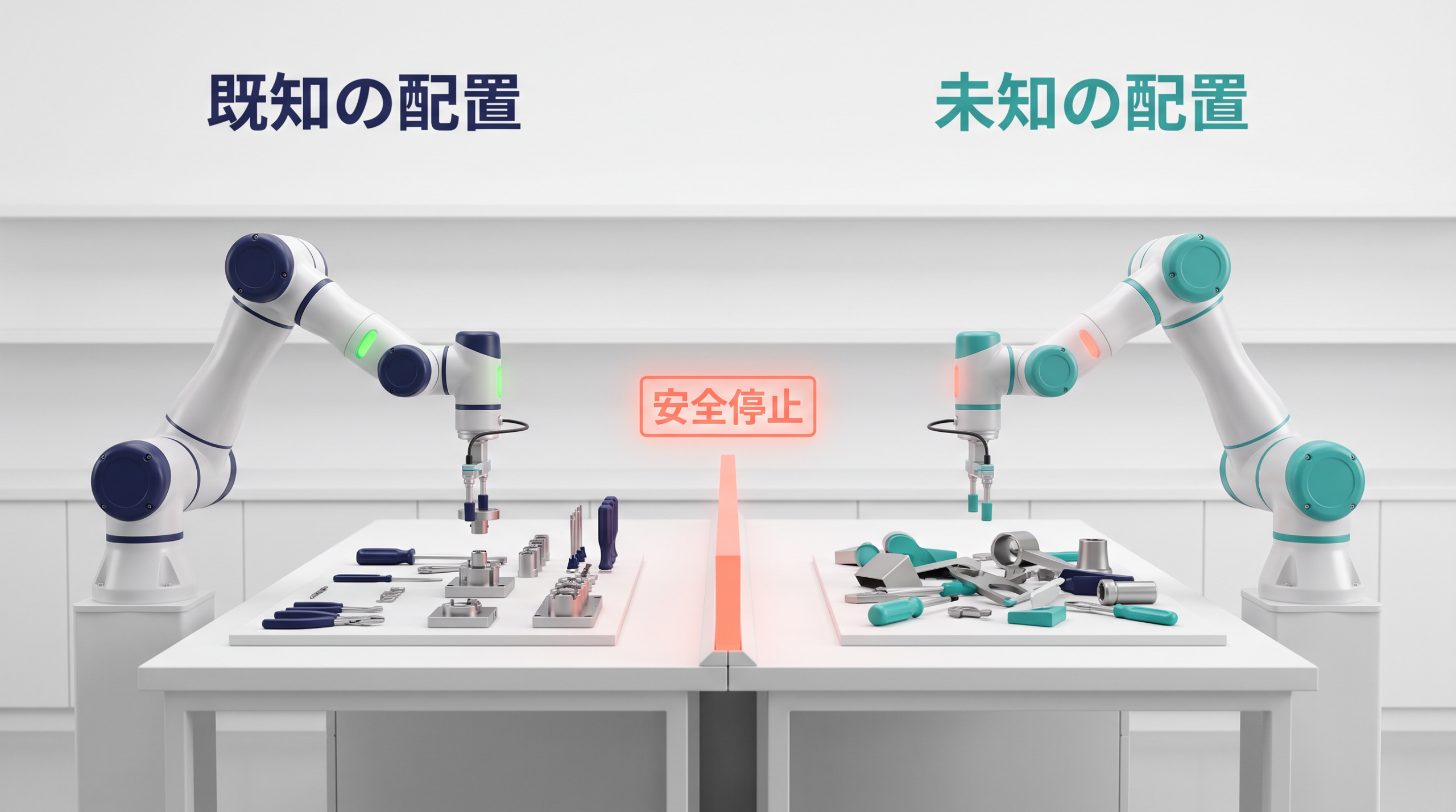 既知の配置では作業し、未知の配置では安全停止するロボットアームの図