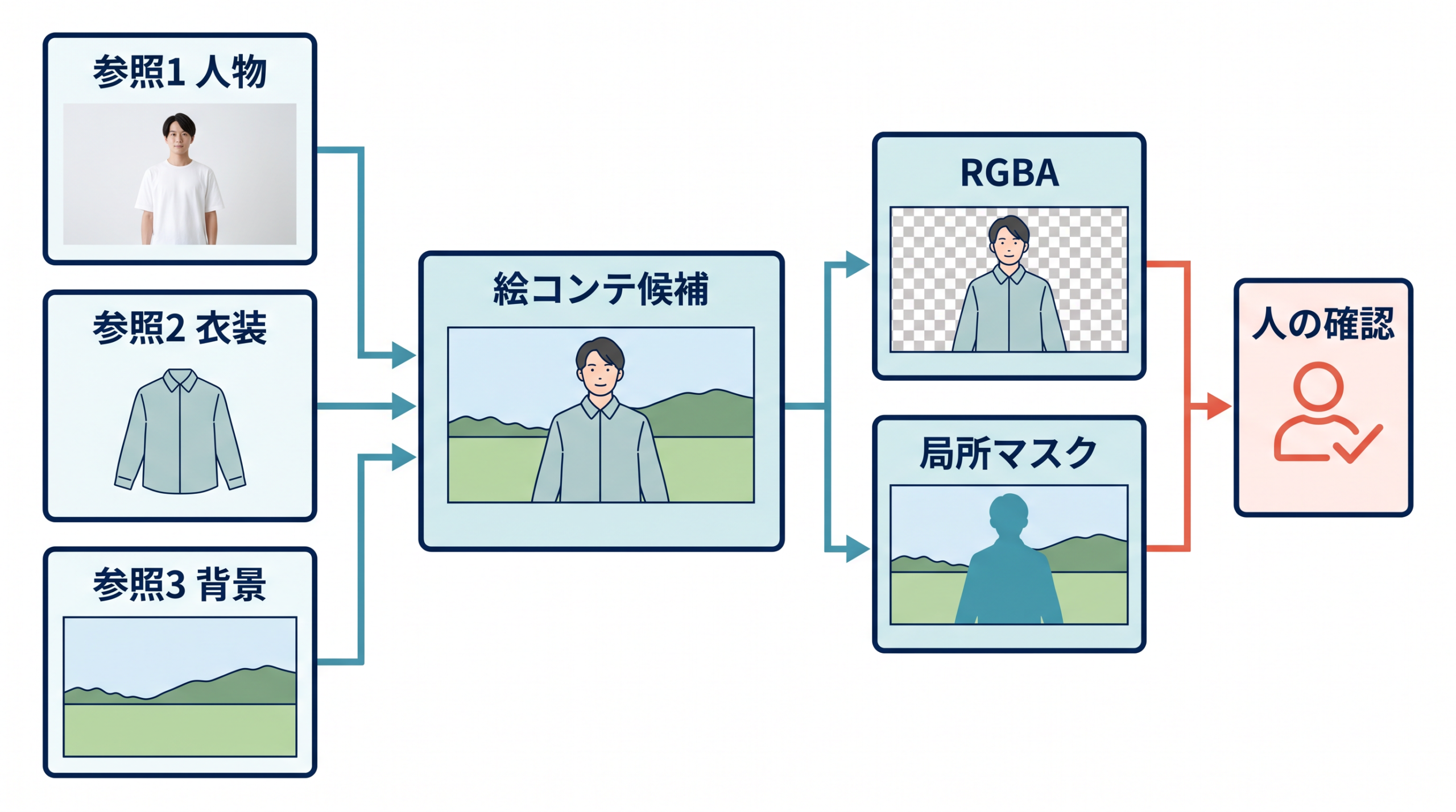 三つの参照入力、絵コンテ候補、RGBA、局所マスク、人の確認を一つの制作工程として追える。