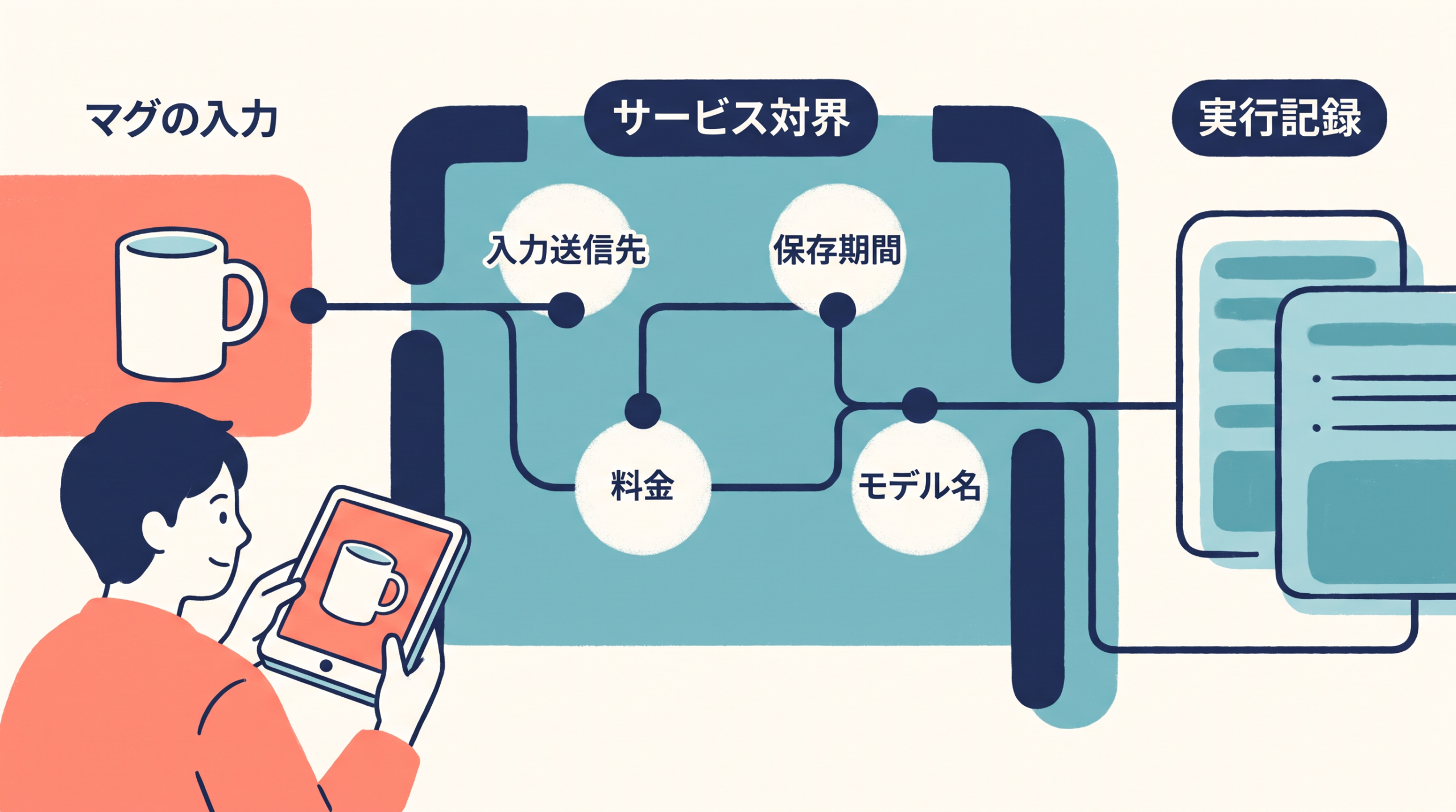 外部サービスへ素材を送る前後で、規約、料金、保存期間、モデル名、実行記録を確認する行動を示す。
