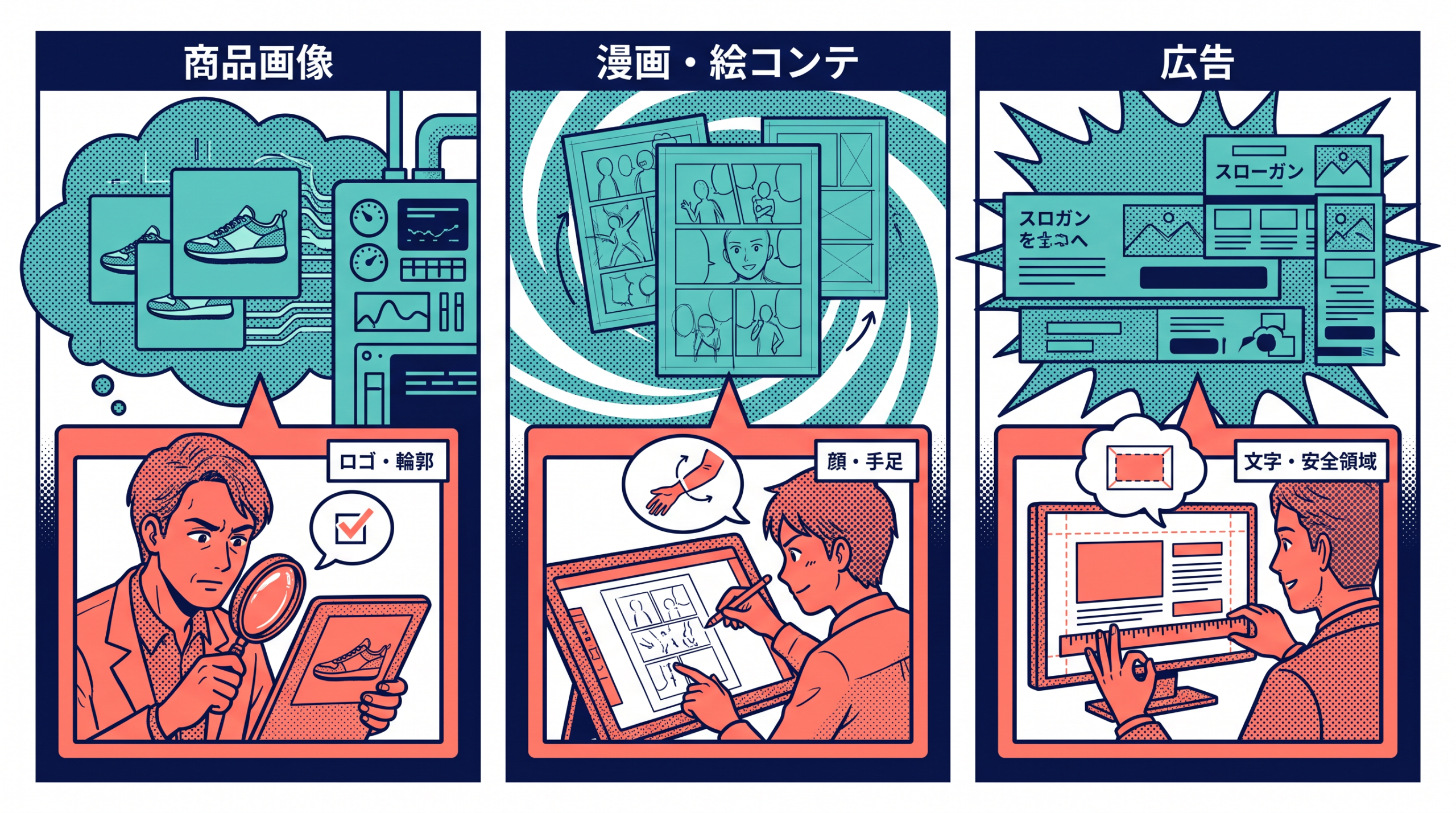 商品画像、漫画・絵コンテ、広告の三用途で入力、出力、人の確認を別々に示す。
