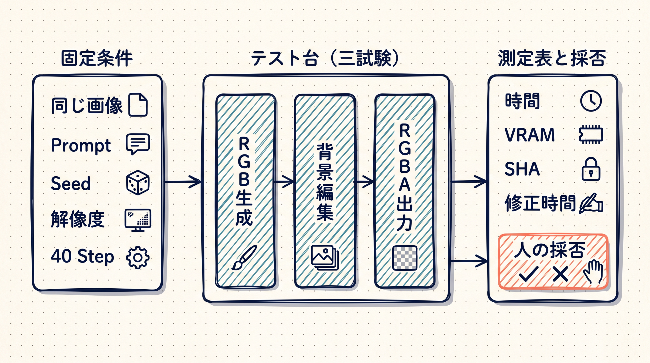 同一入力を三試行し、時間、VRAM、SHA、修正傾向と人の採否を記録する比較実験を示す。
