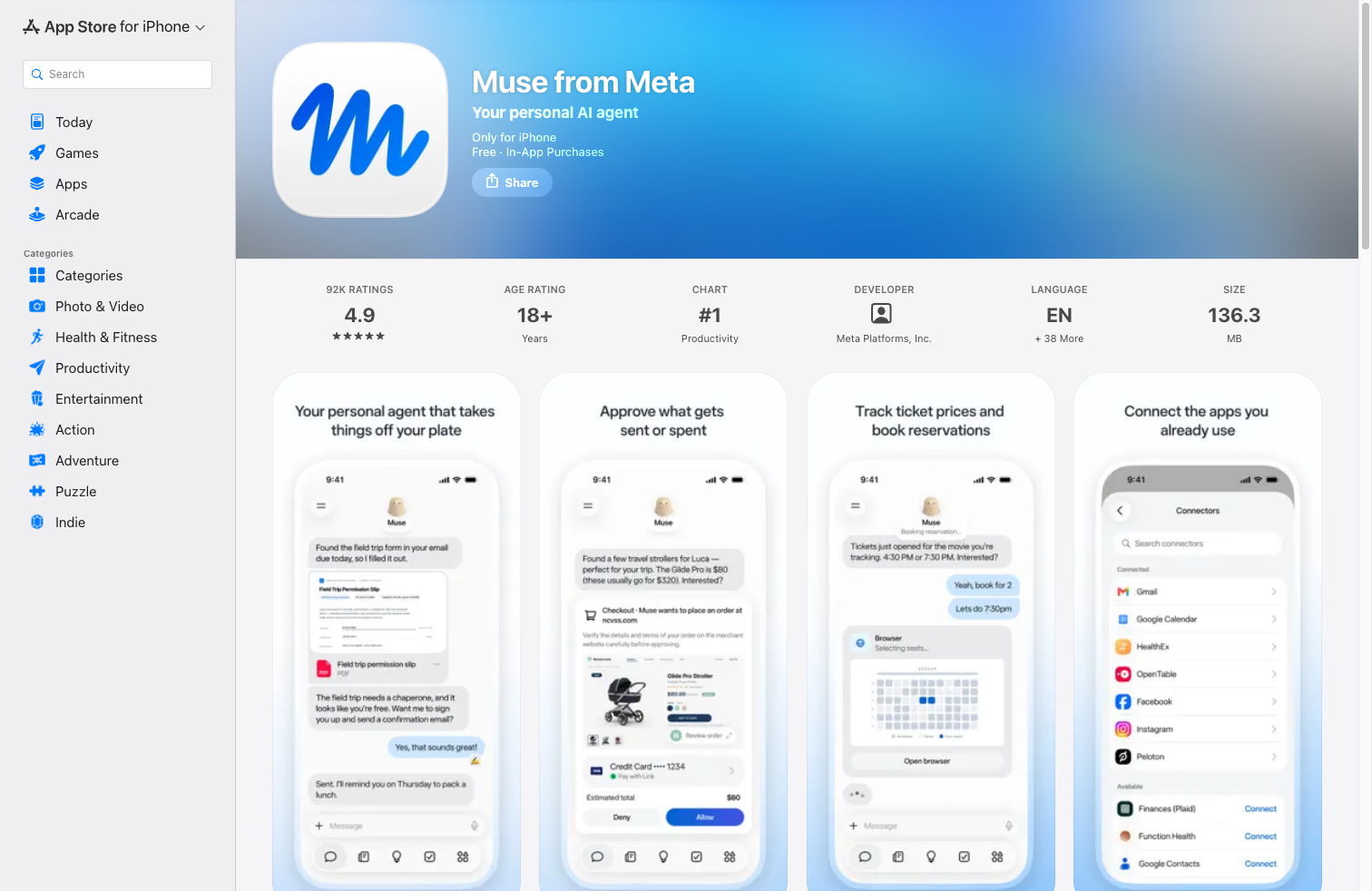 米国App StoreのMuse掲載ページに表示された無料ダウンロードとアプリ内課金