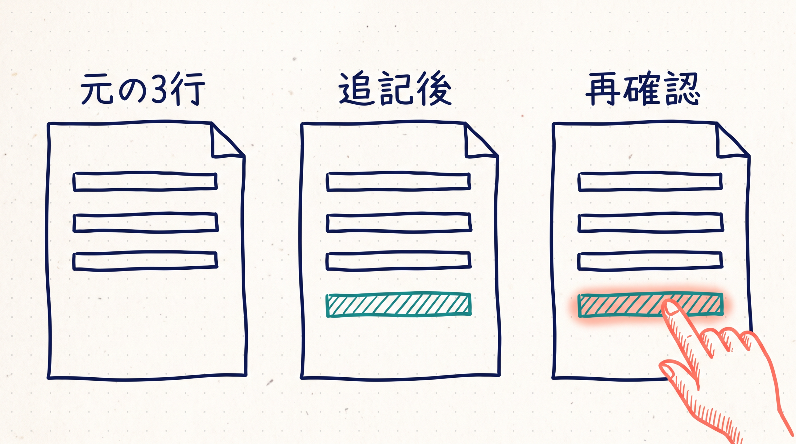 元の三行、AI追記、再確認を順に示す説明図