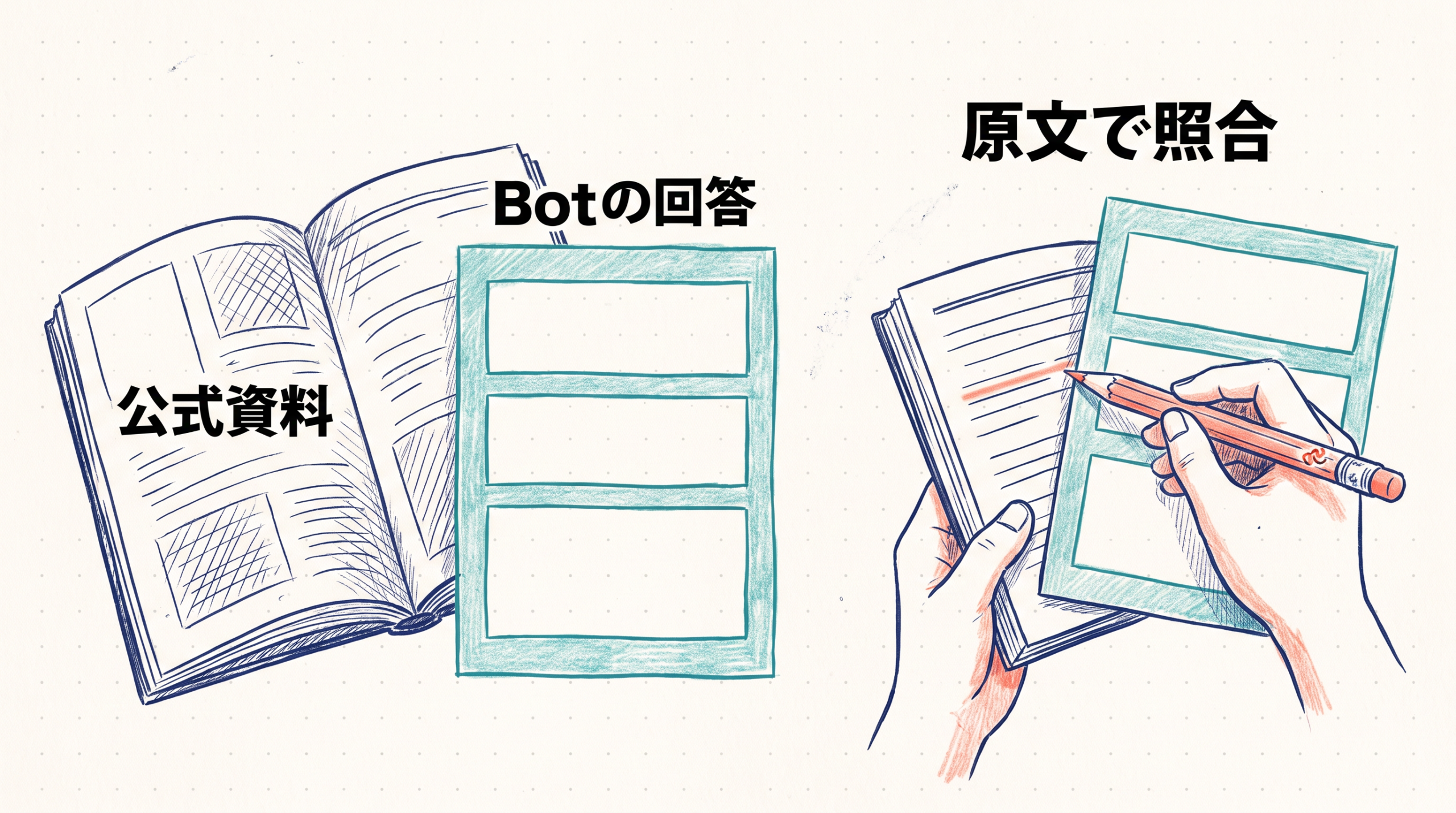 公式資料、Botの回答、人による原文照合を並べた図