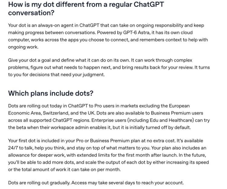 OpenAIのDotの概要を示す公式ヘルプ画面