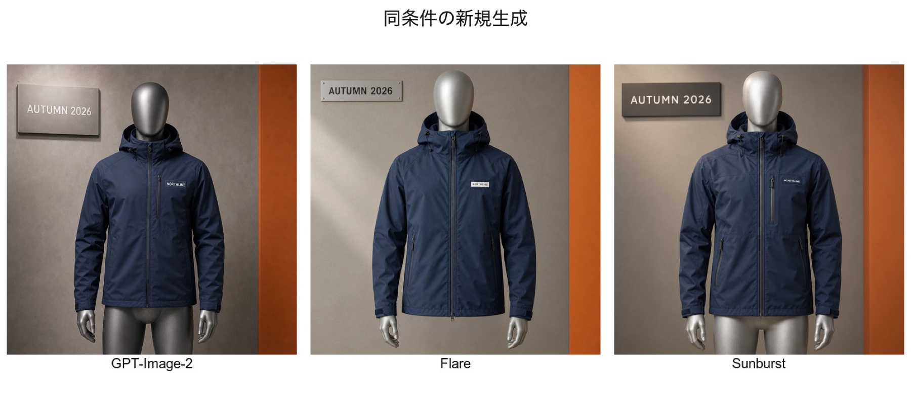 GPT-Image-2、Flare、Sunburstを同条件で生成した3枚の比較