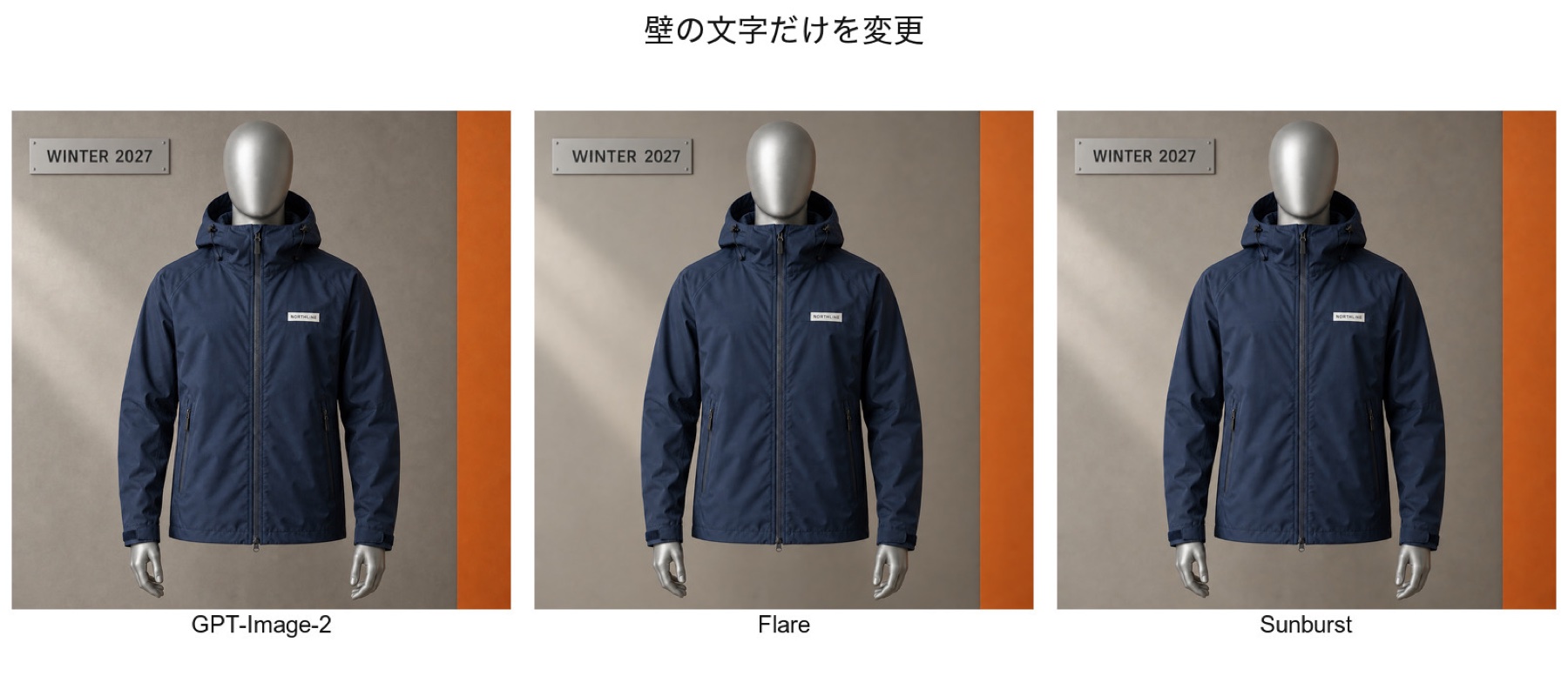 GPT-Image-2、Flare、Sunburstで壁の文字だけを変更した結果の比較