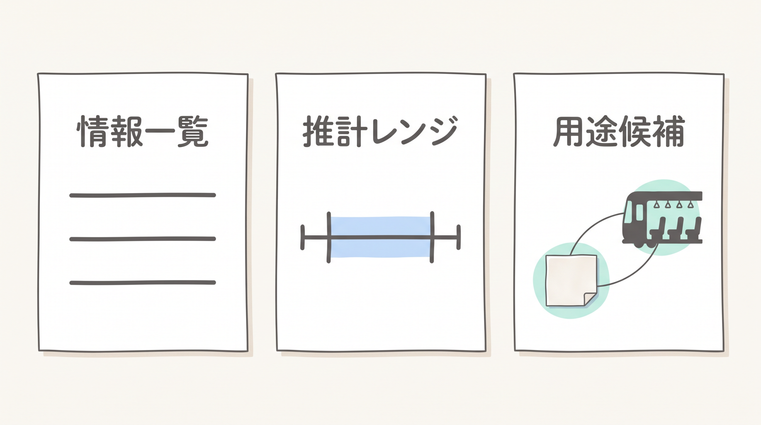 情報一覧、推計レンジ、用途候補という三つの成果物を別々の紙として示している。