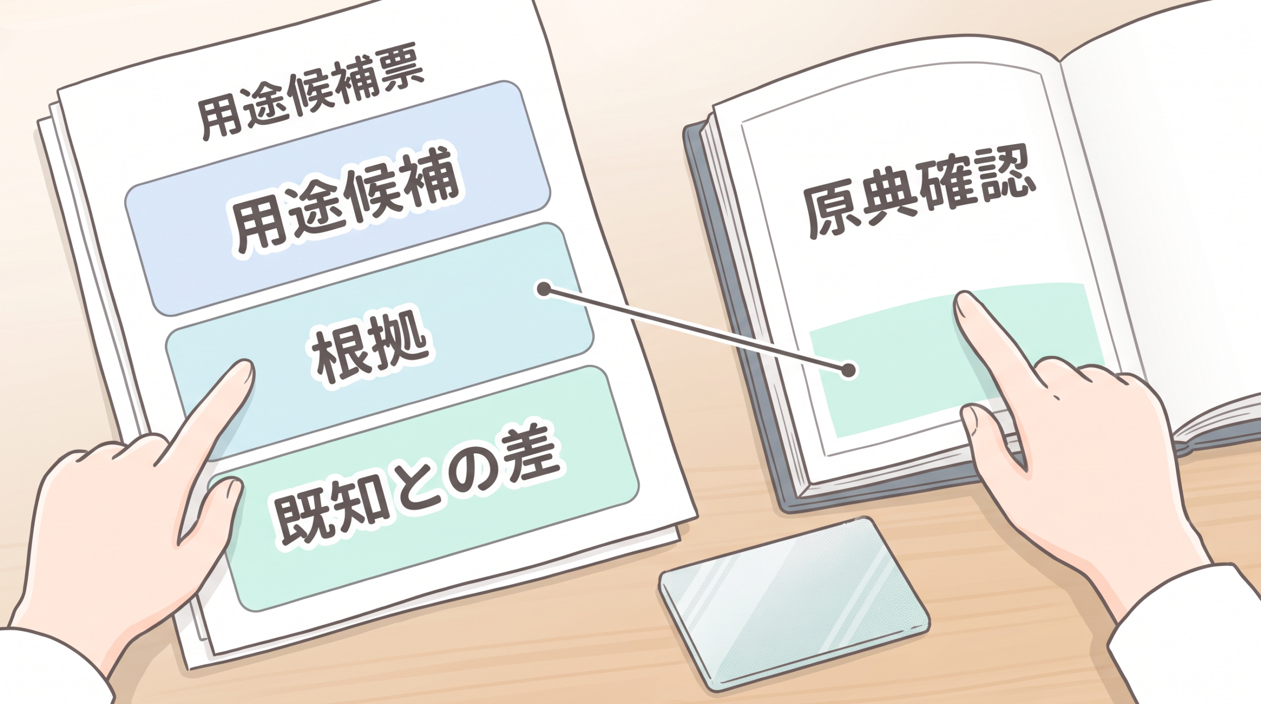 用途候補票の根拠を開いた原典ページと照合する手元と接続線が見える。
