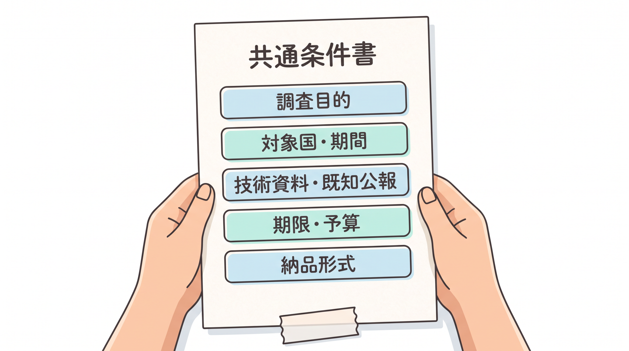 手に持った共通条件書に、調査目的、対象国と期間、技術資料、期限と予算、納品形式が並ぶ。