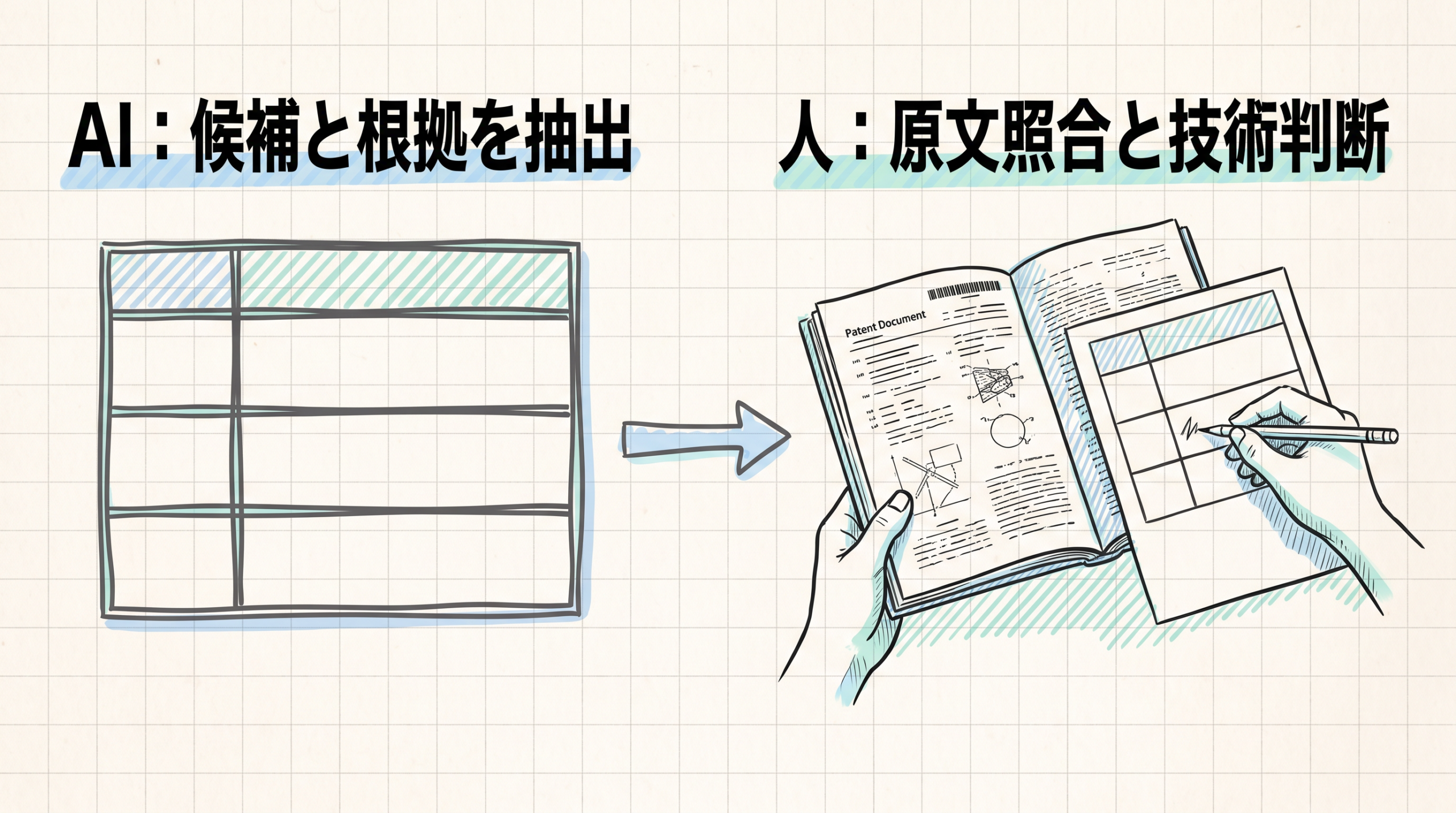 AIの候補・根拠抽出から、人の原文照合と技術判断へ矢印でつながる。