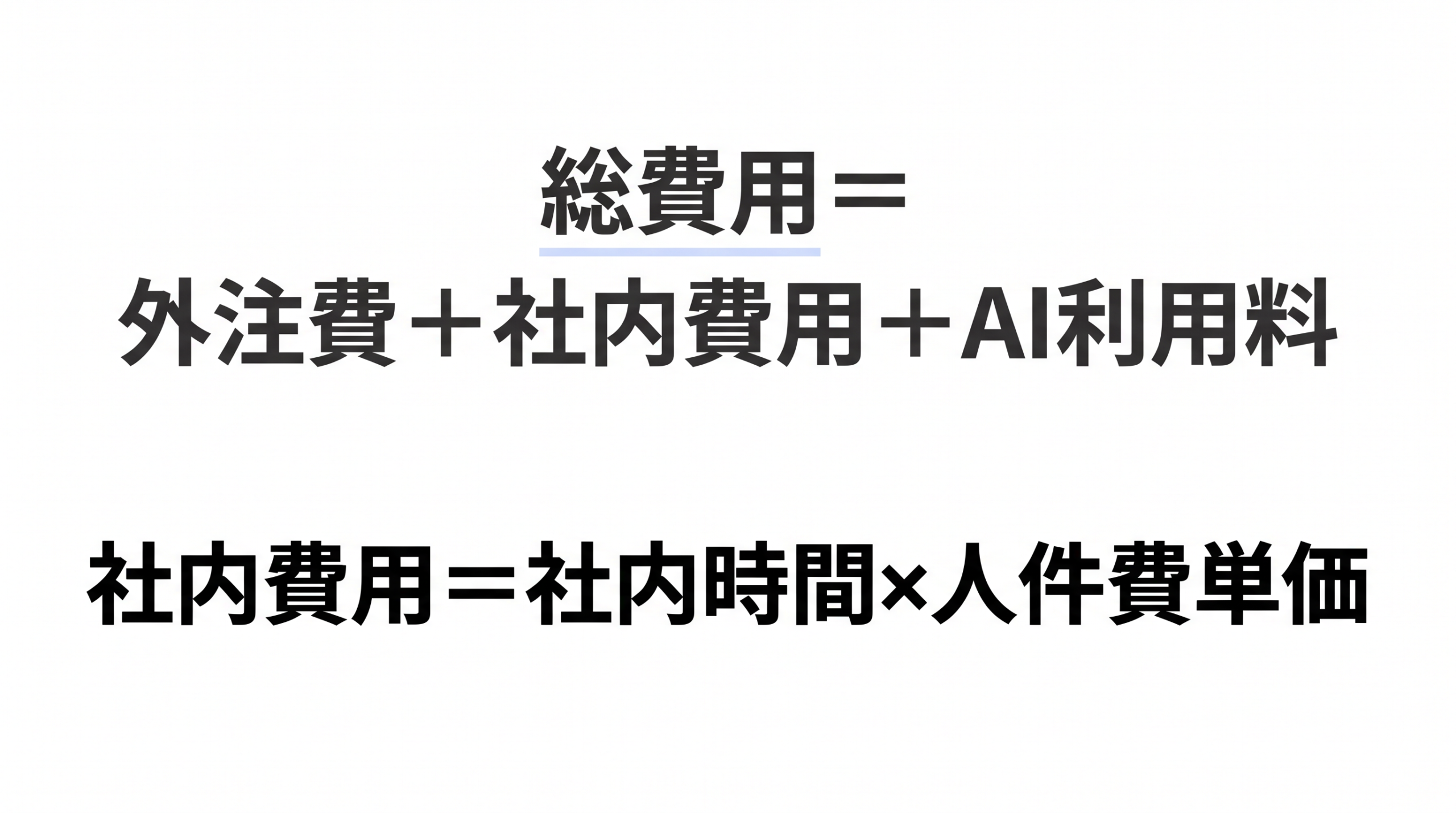 総費用の加算式と、社内時間に人件費単価を掛ける内訳式を別の行で示す。