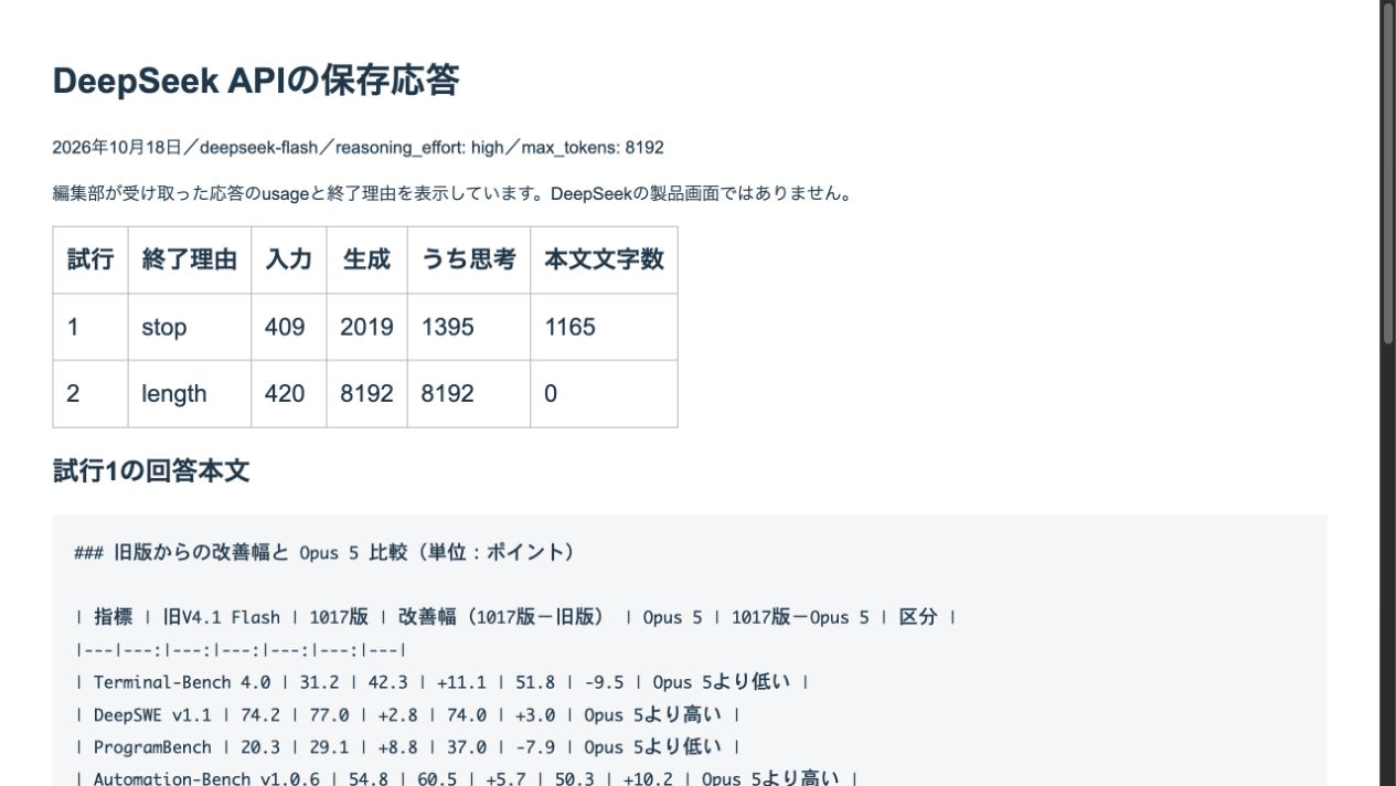 保存したAPI応答の本文と終了理由を並べた自作閲覧画面