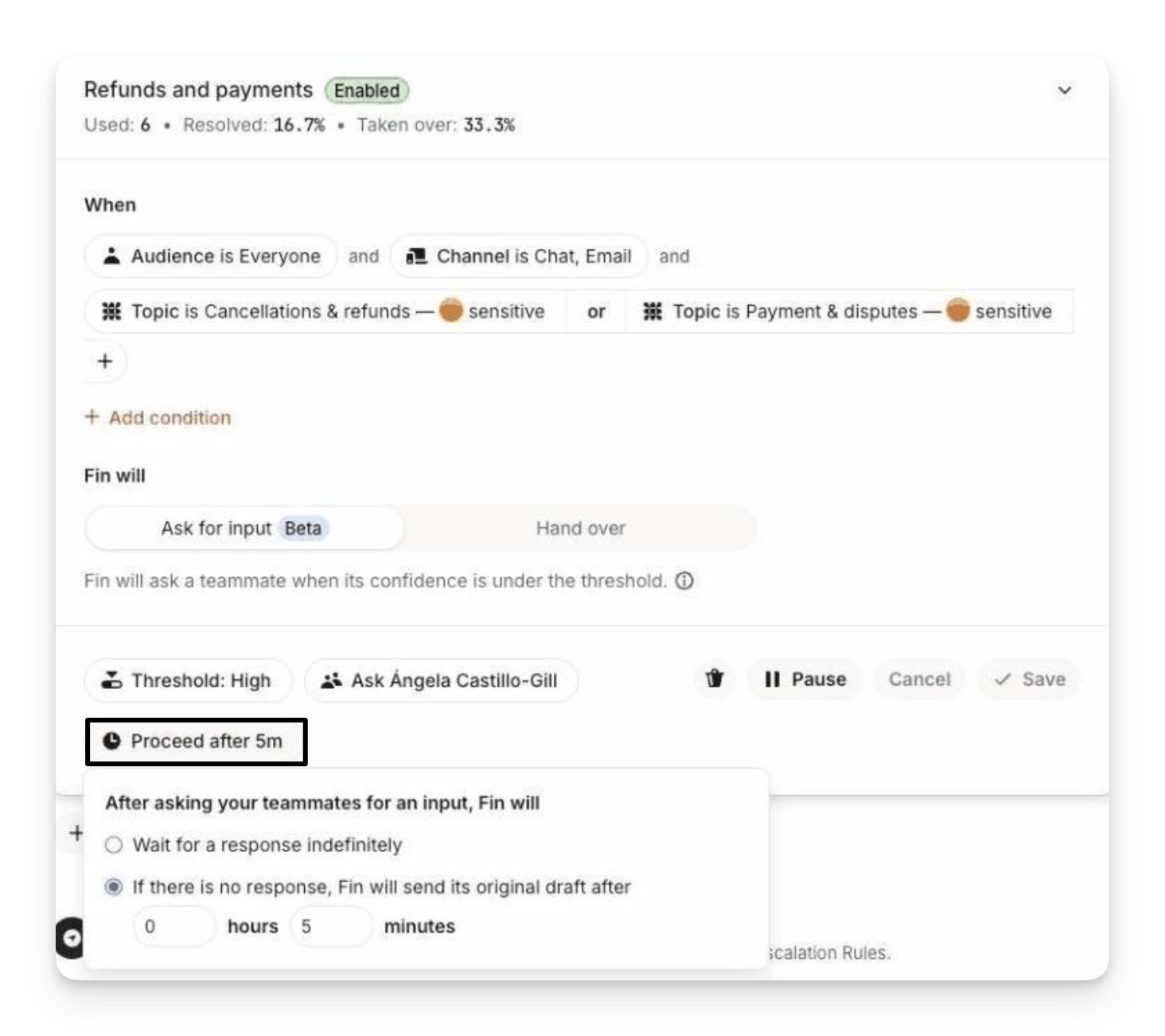 Ask for input Beta、担当者、Proceed after 5mと、無期限待機/期限後に元案送信の選択肢が見える。上部の解決率等は公式デモの表示値で、この記事の効果ではない。