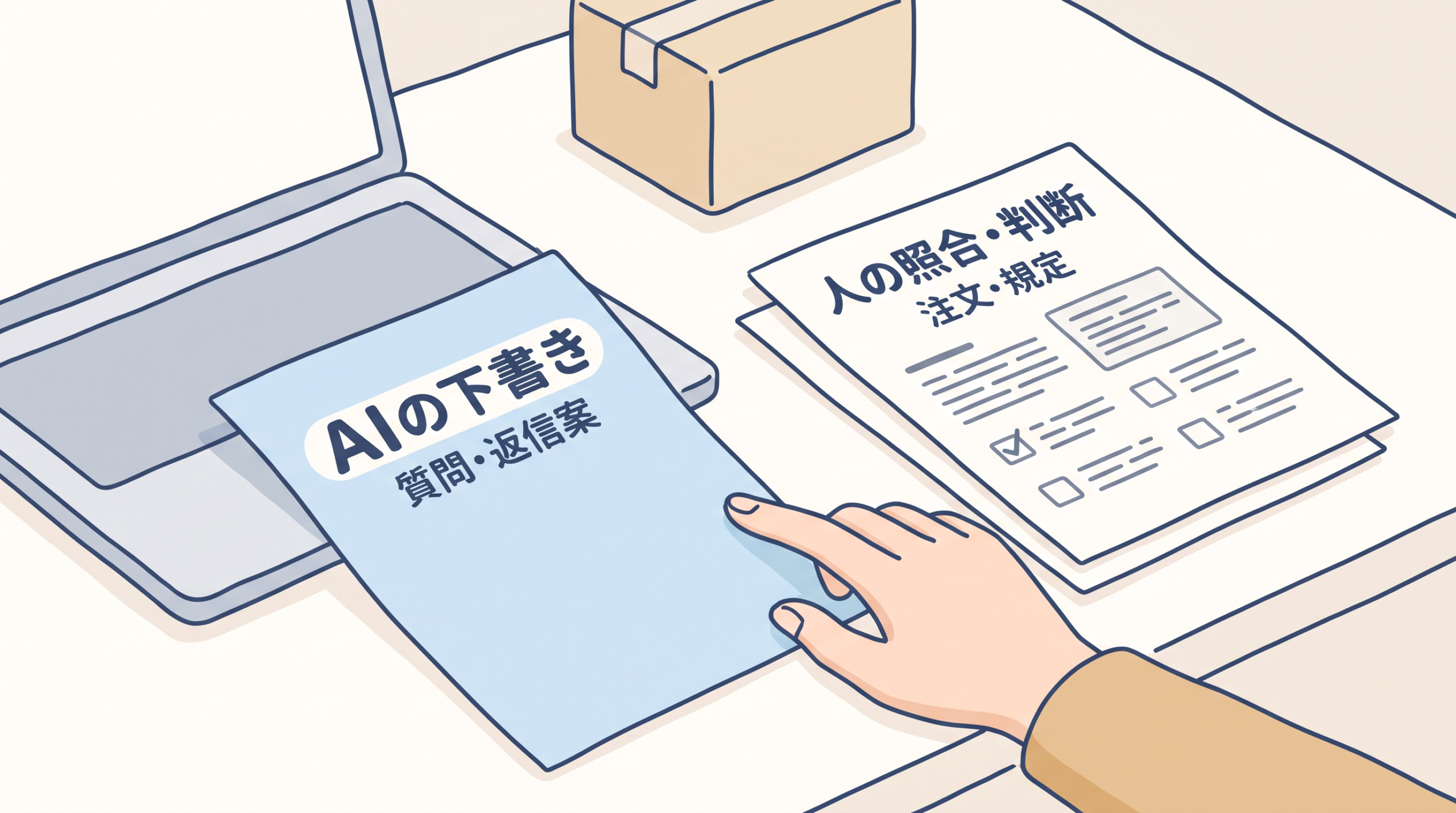 AIの質問返信案と、人が注文記録と店舗規定を照合する仕事の違い
