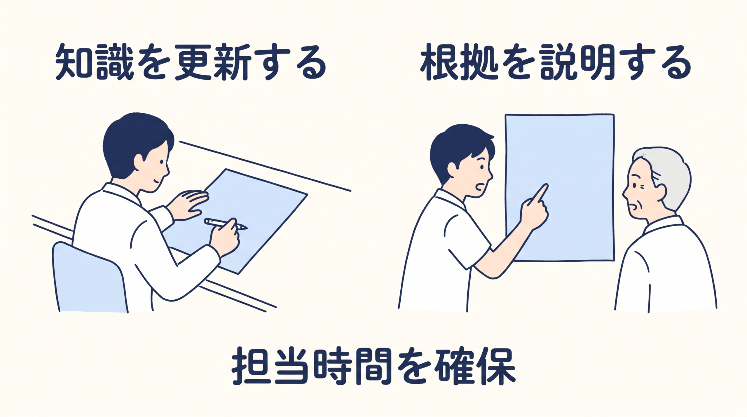 店舗規定を更新する担当者と、原資料を指して判断理由を説明する新人