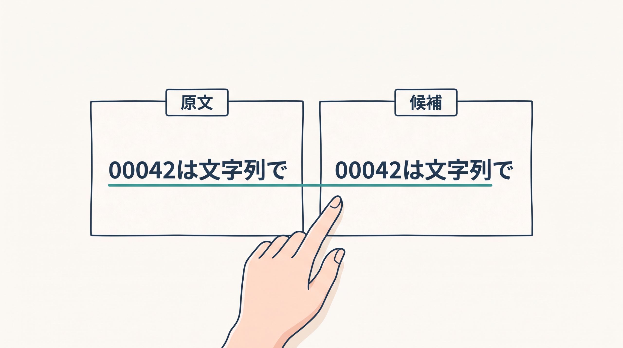 原文と候補を人が読み比べ、00042は文字列でという条件を照合する。