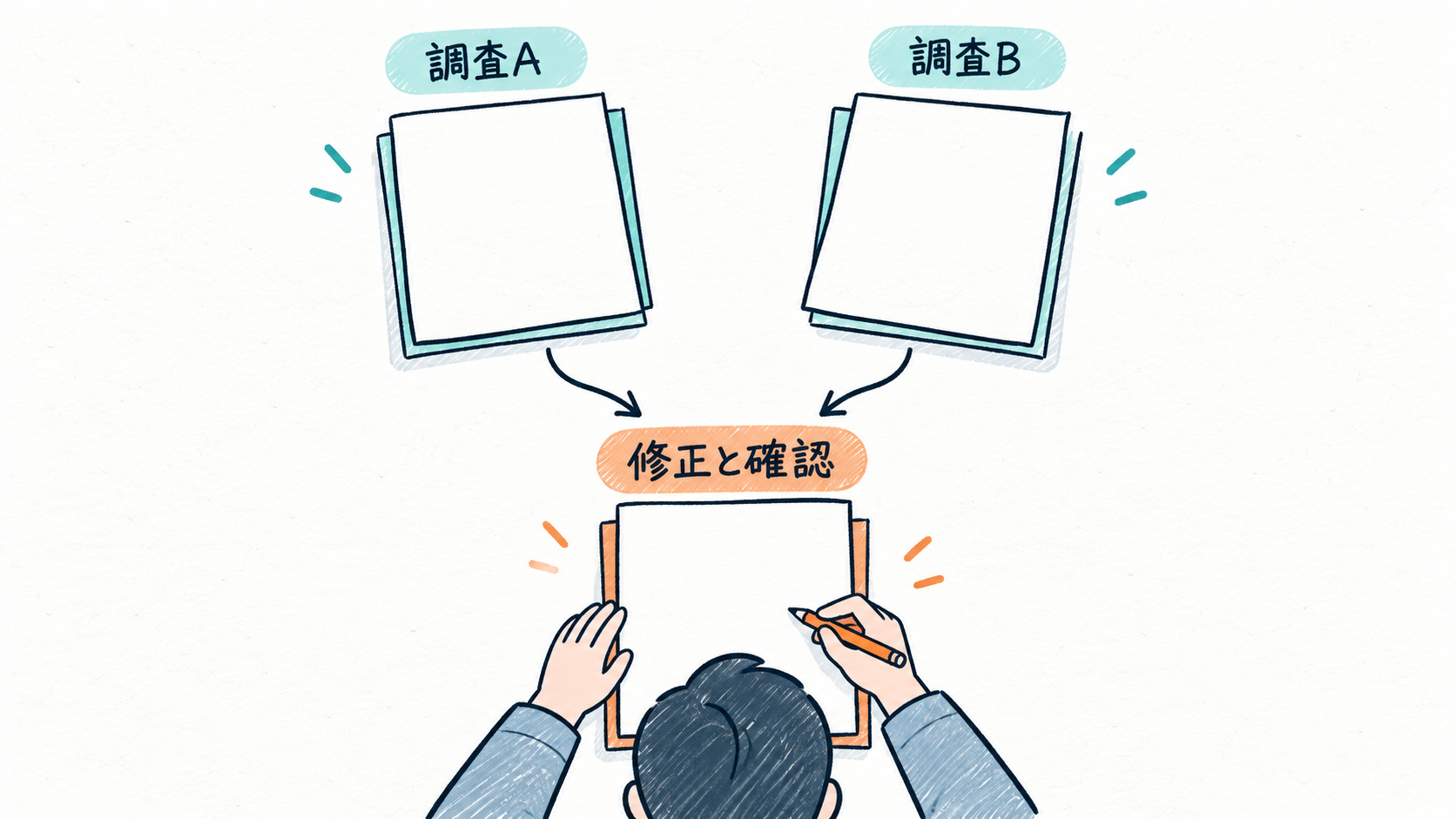調査Aと調査Bの報告を親が受け取り、修正と確認へ進む概念図。