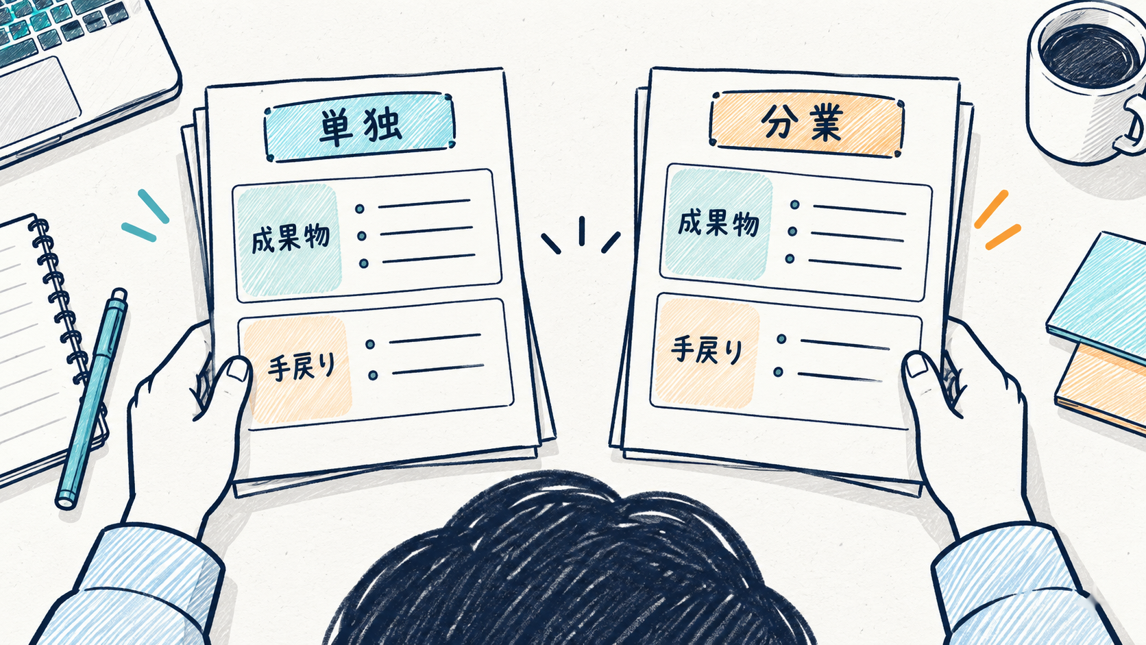 単独と分業の二つの作業票に、成果物と手戻りの欄が並ぶ概念図。