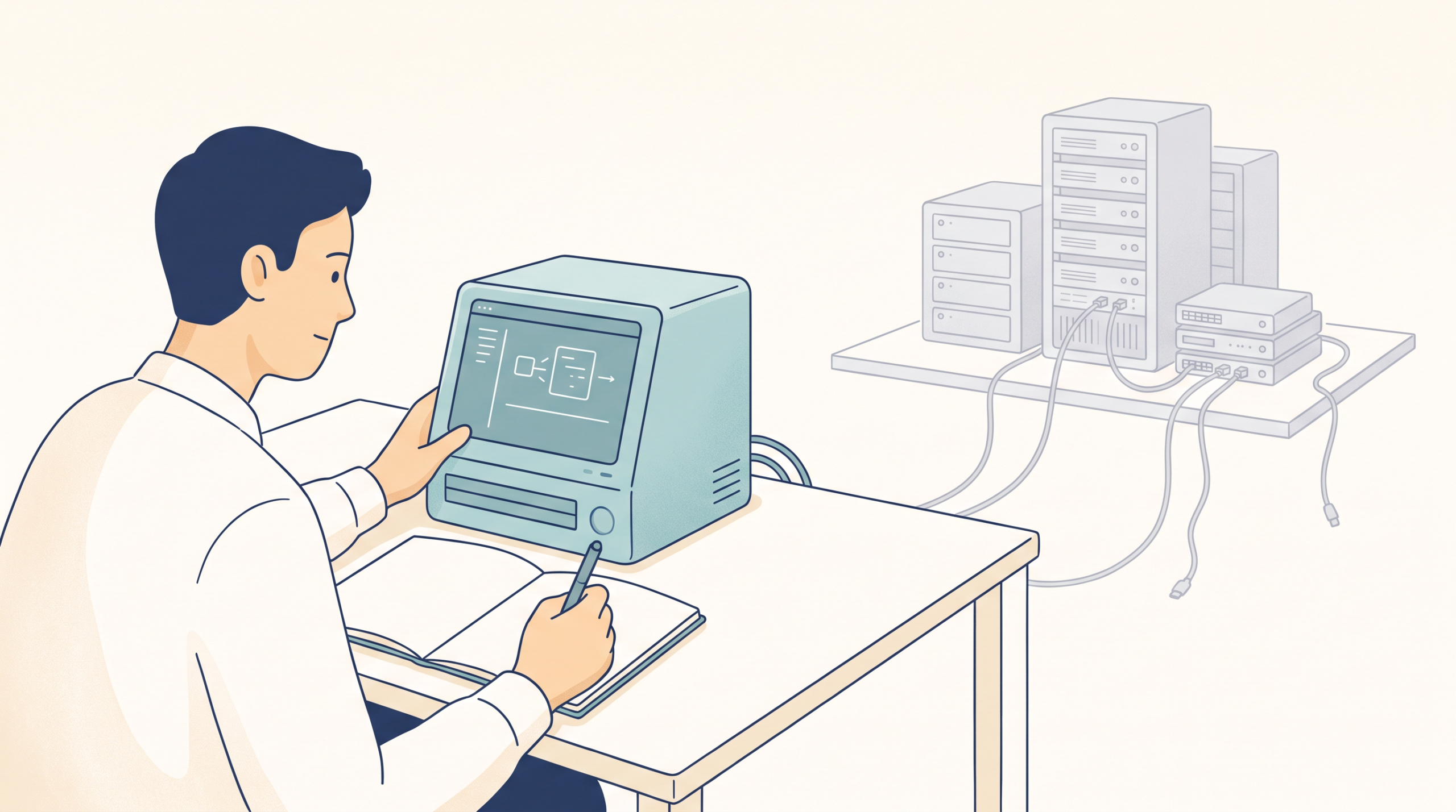 技術者が計算機で試し、離れた灰色のラックが別途必要な運用設備を示す概念図。
